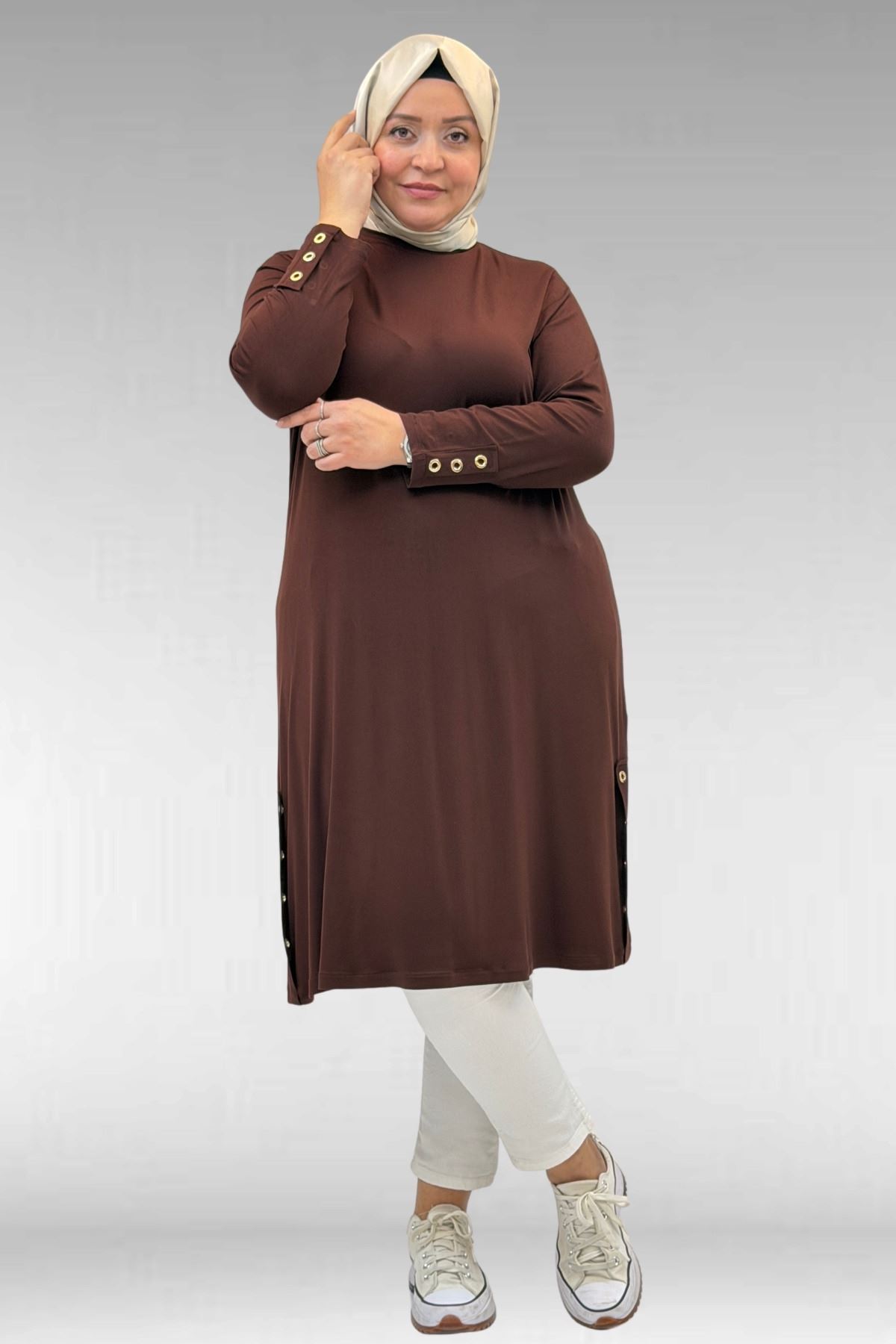 68029 Büyük Beden Yanları Kuşgözü Detaylı Penye Tunik - Kahve