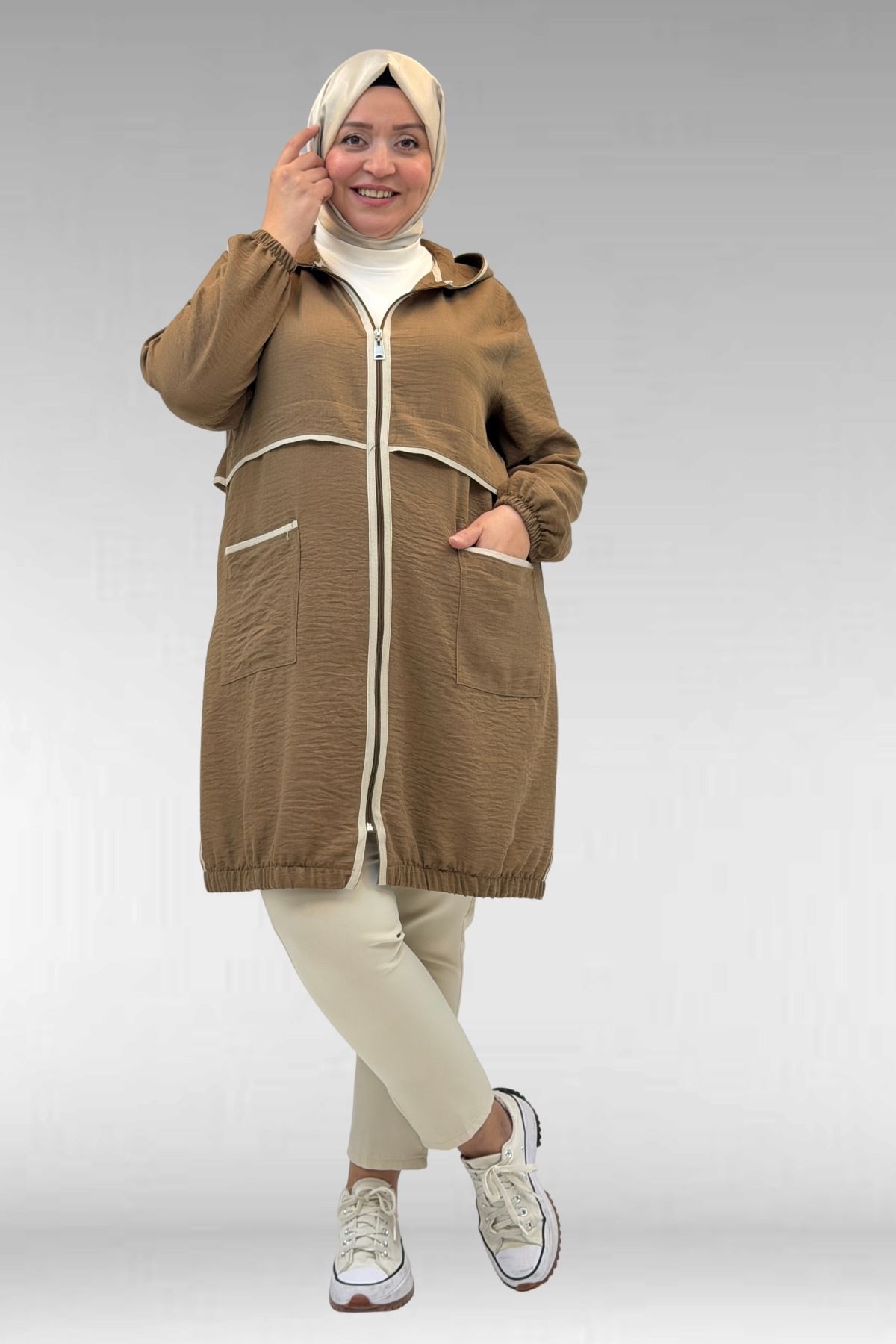 43032 Büyük Beden Biye Detaylı  Keten Kap - Vizon