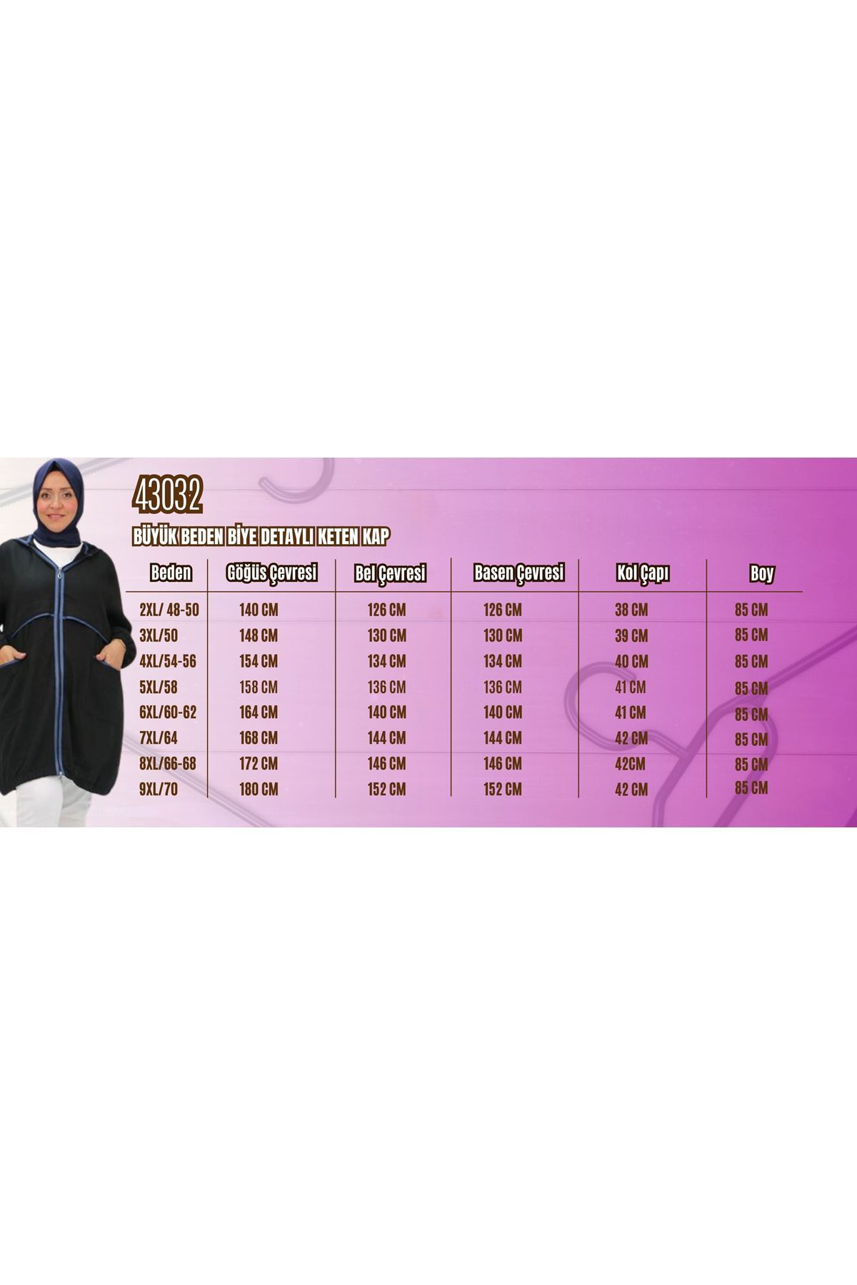 43032 Büyük Beden Biye Detaylı  Keten Kap - Kahve