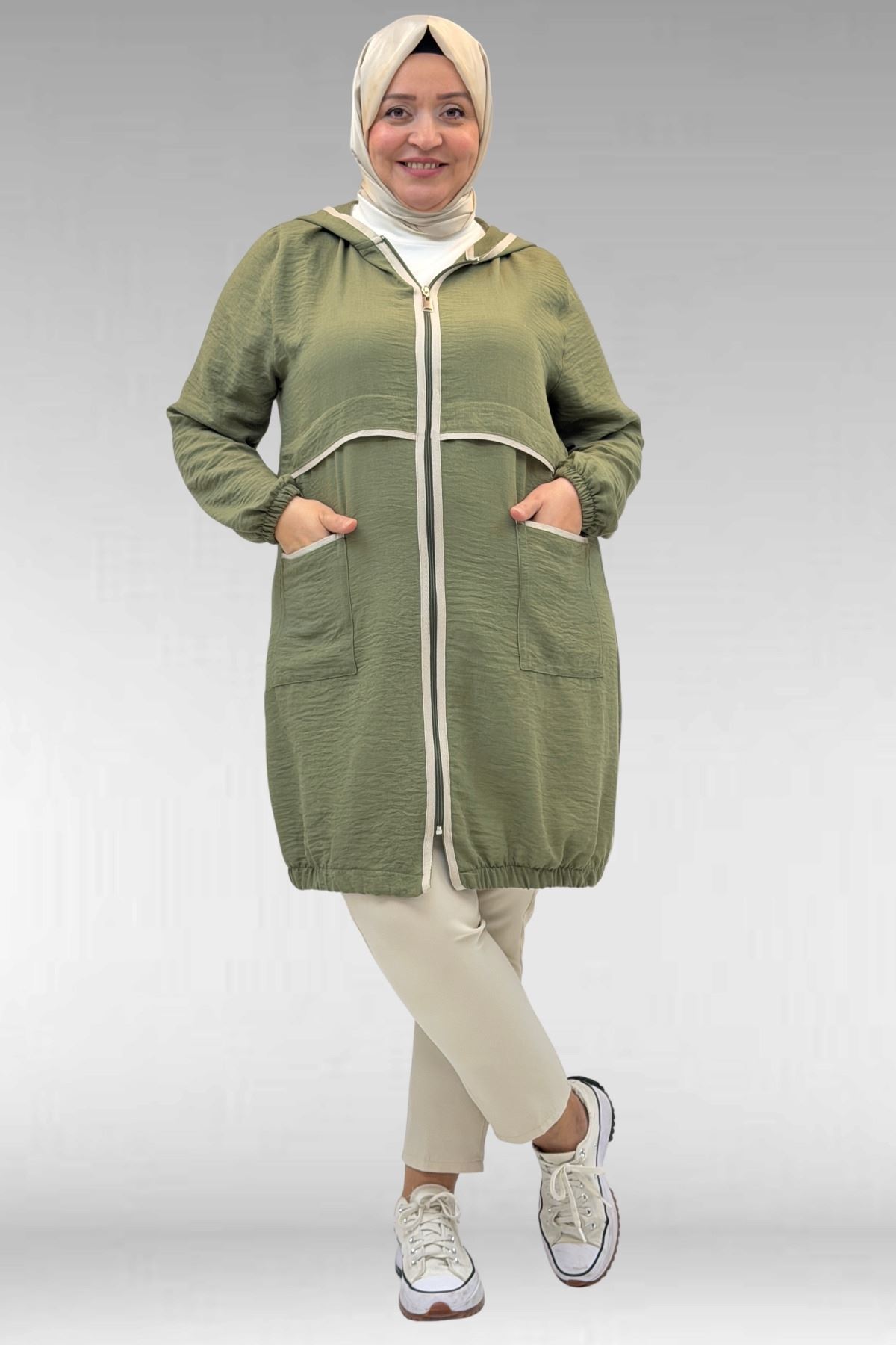 43032 Büyük Beden Biye Detaylı  Keten Kap - Haki