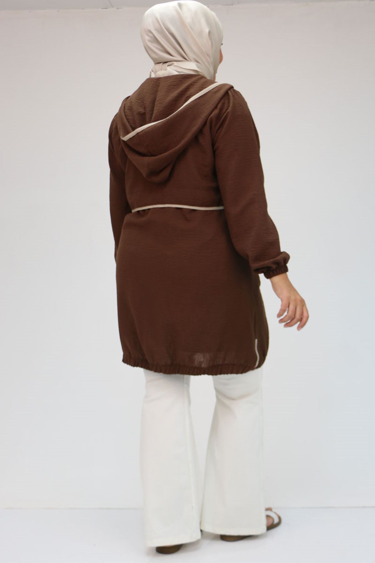 43032 Büyük Beden Biye Detaylı  Keten Kap - Kahve