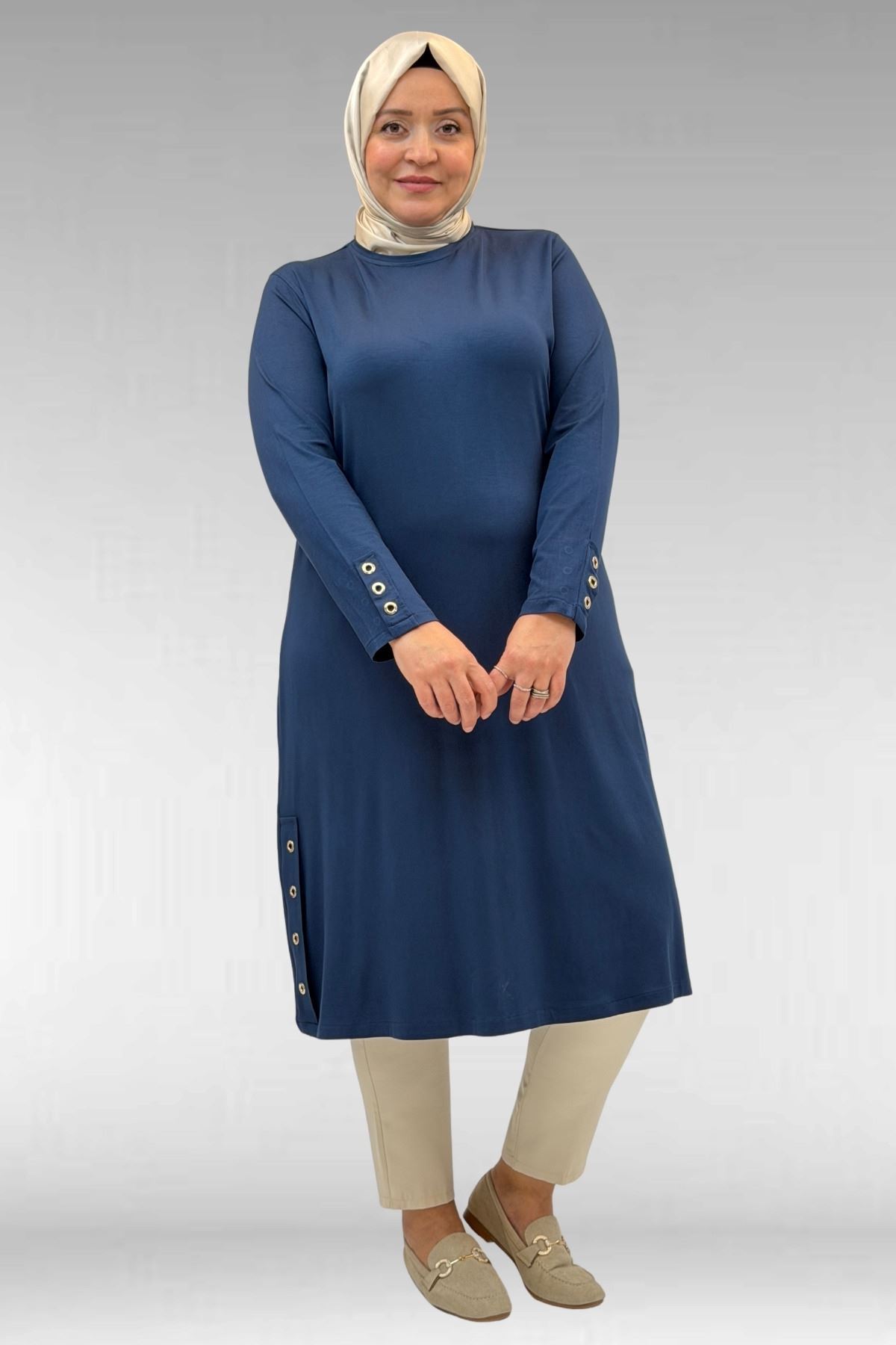 68029 Büyük Beden Yanları Kuşgözü Detaylı Penye Tunik - Petrol