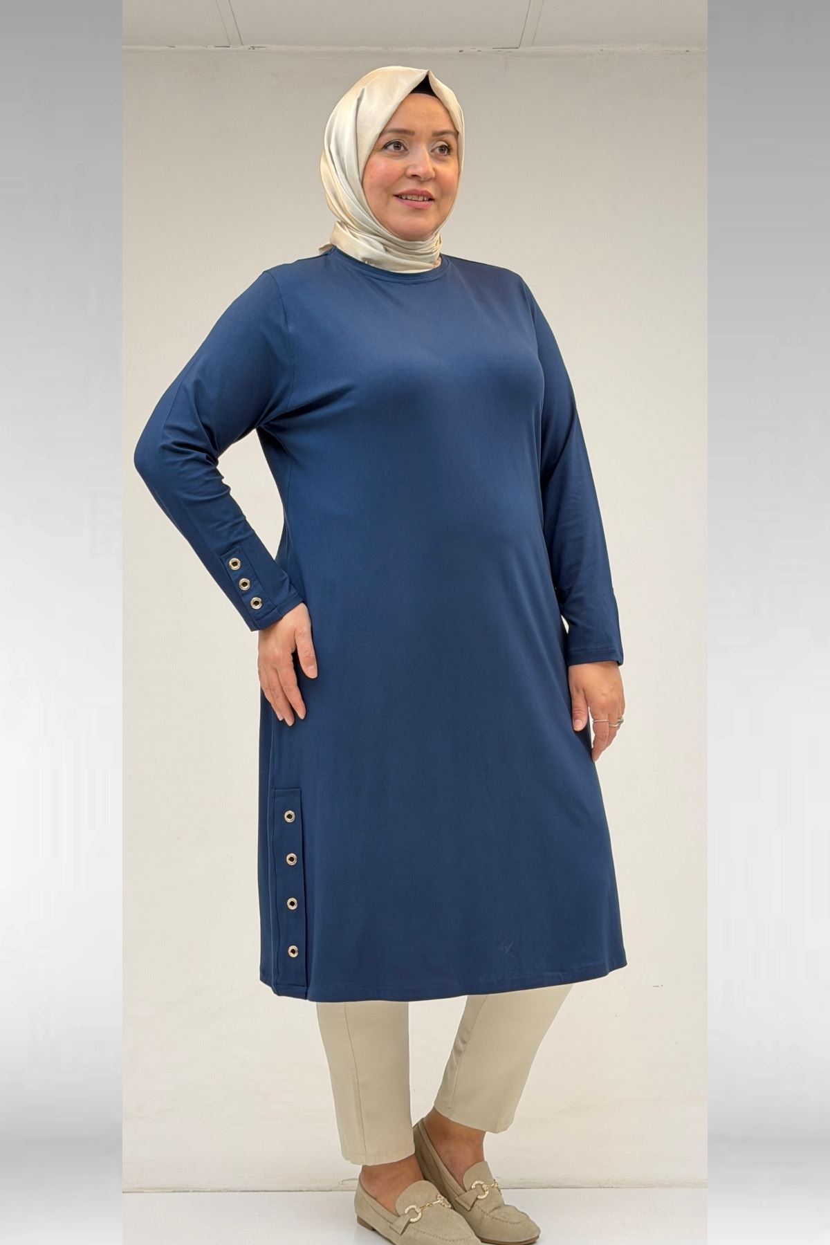 68029 Büyük Beden Yanları Kuşgözü Detaylı Penye Tunik - Petrol