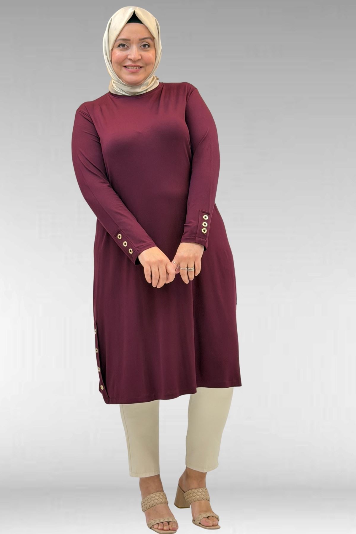 68029 Büyük Beden Yanları Kuşgözü Detaylı Penye Tunik - Bordo