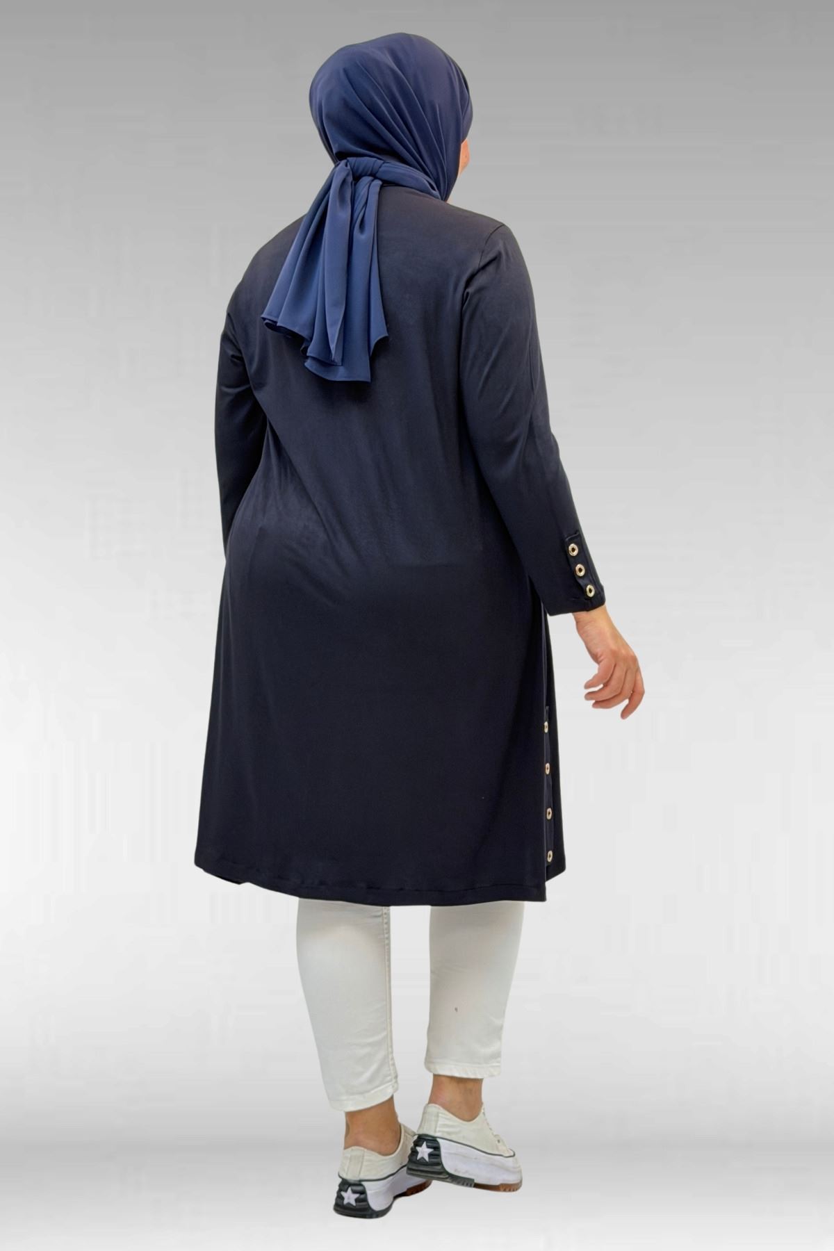 68029 Büyük Beden Yanları Kuşgözü Detaylı Penye Tunik - Koyu Lacivert