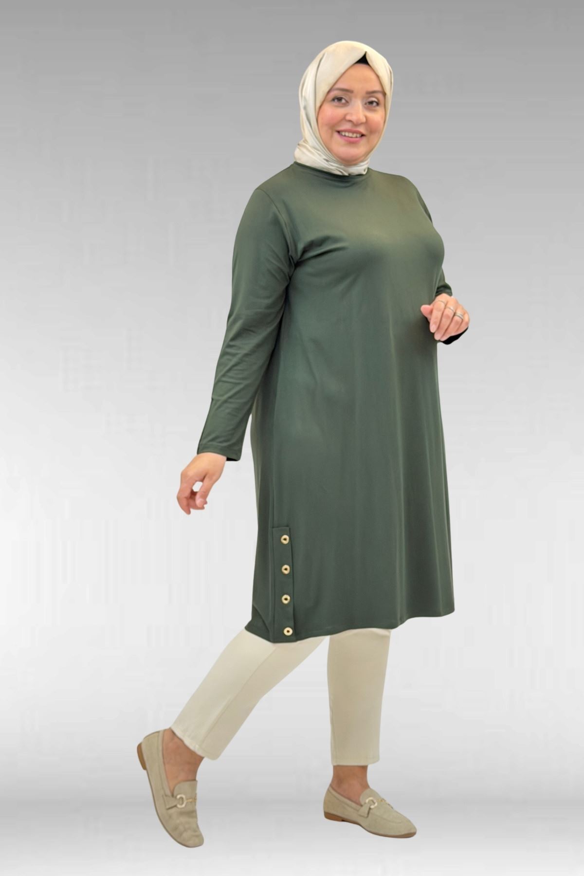 68029 Büyük Beden Yanları Kuşgözü Detaylı Penye Tunik - Haki