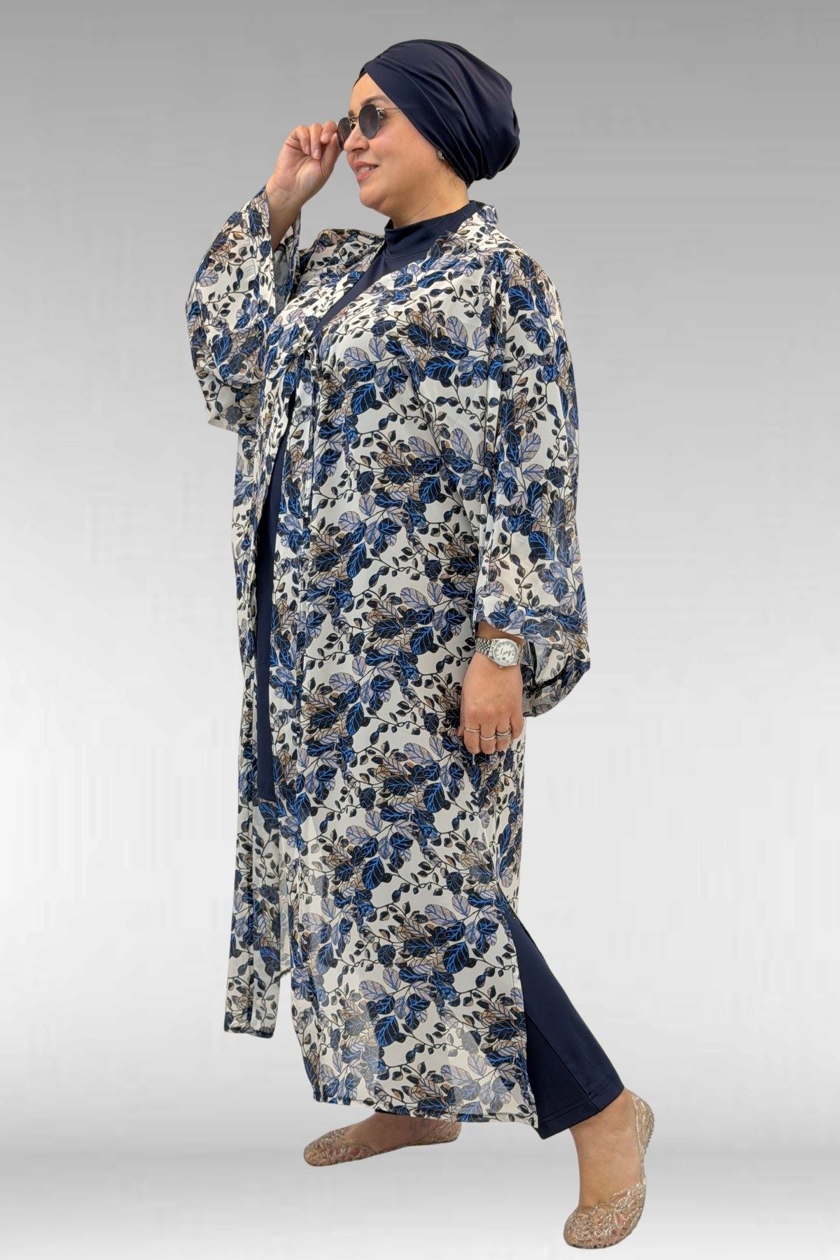 1735 Büyük Beden Garni Detaylı Pareo - Yaprak Desen Mavi