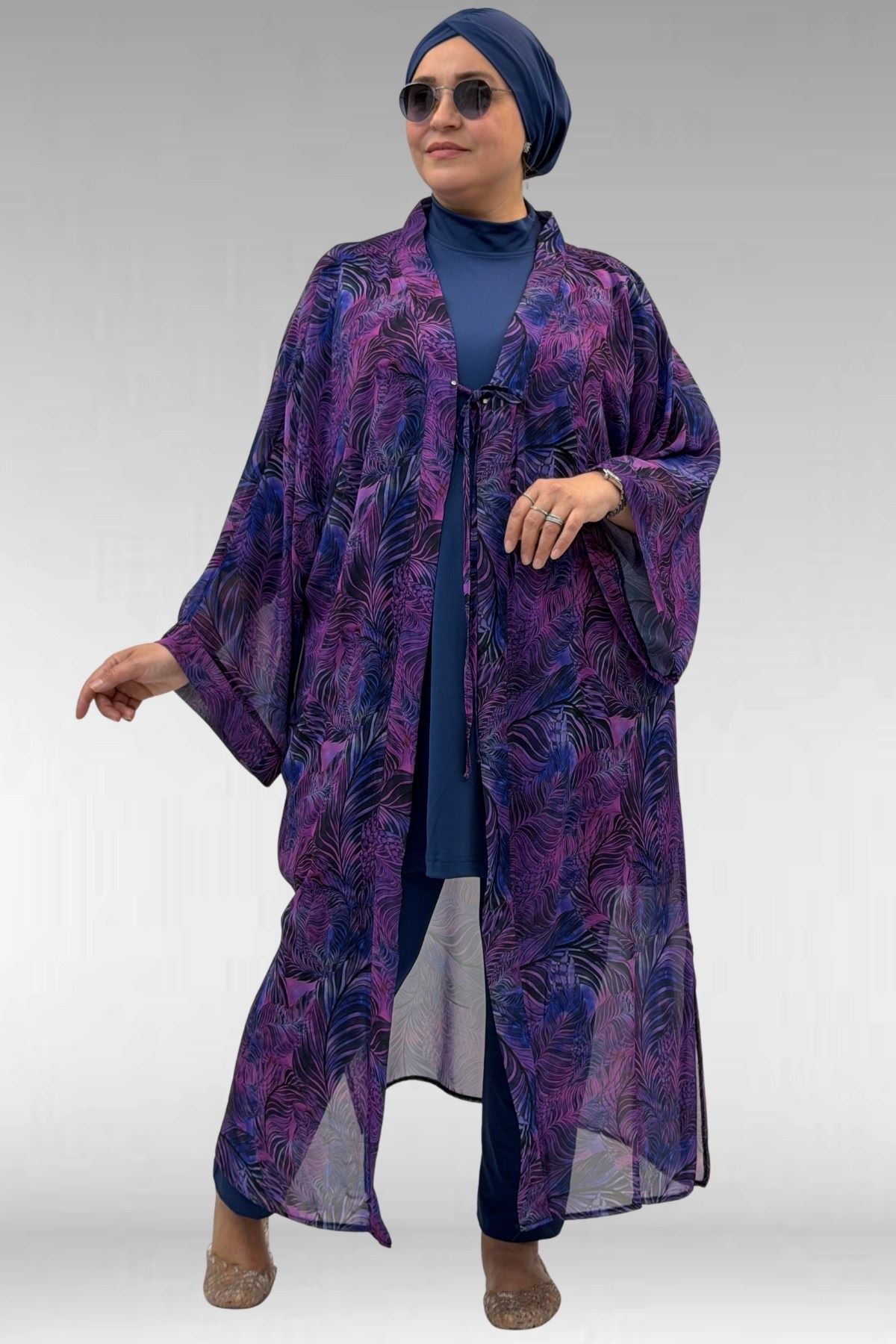 1735 Büyük Beden Garni Detaylı Pareo - Yaprak Desen Mor