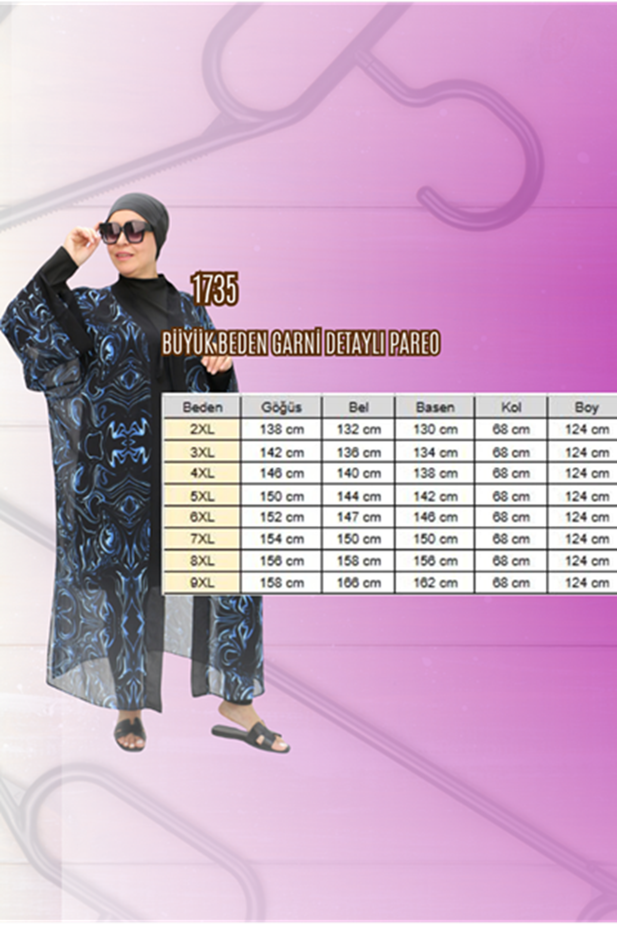 1735 Büyük Beden Garni Detaylı Pareo - Karışık Desen Laci