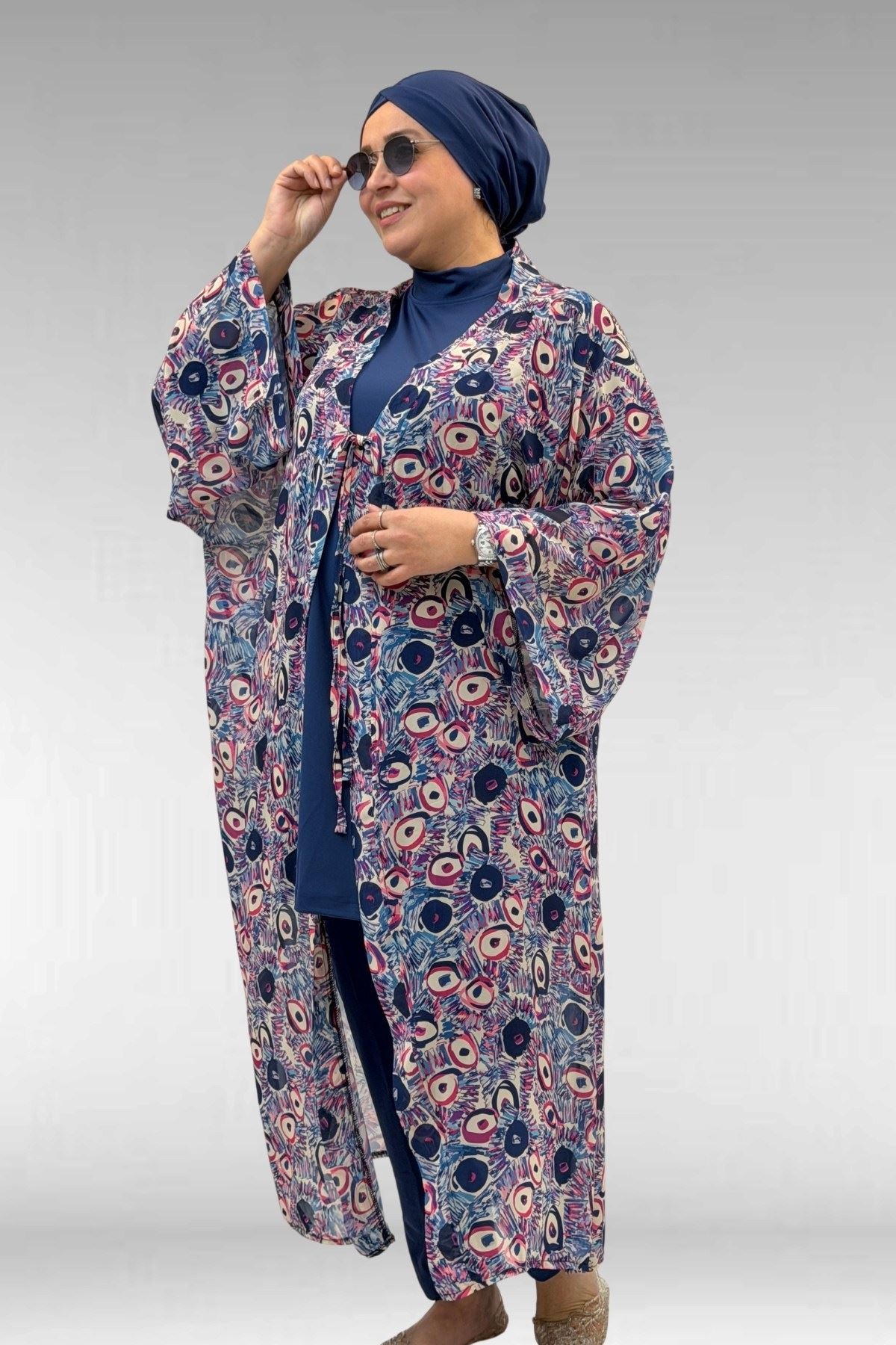 1735 Büyük Beden Garni Detaylı Pareo - Göz Desen İndigo