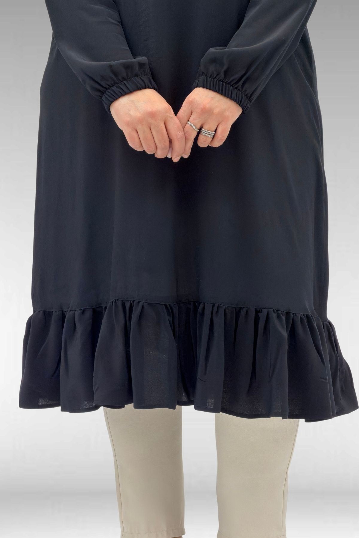 68033 Büyük Beden Eteği Fırfırlı Maroken Tunik - Siyah