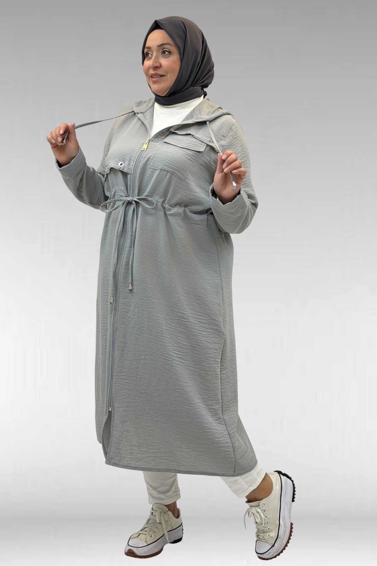 63008 Büyük Beden Kuşgözü Detaylı Keten Kap - Gri