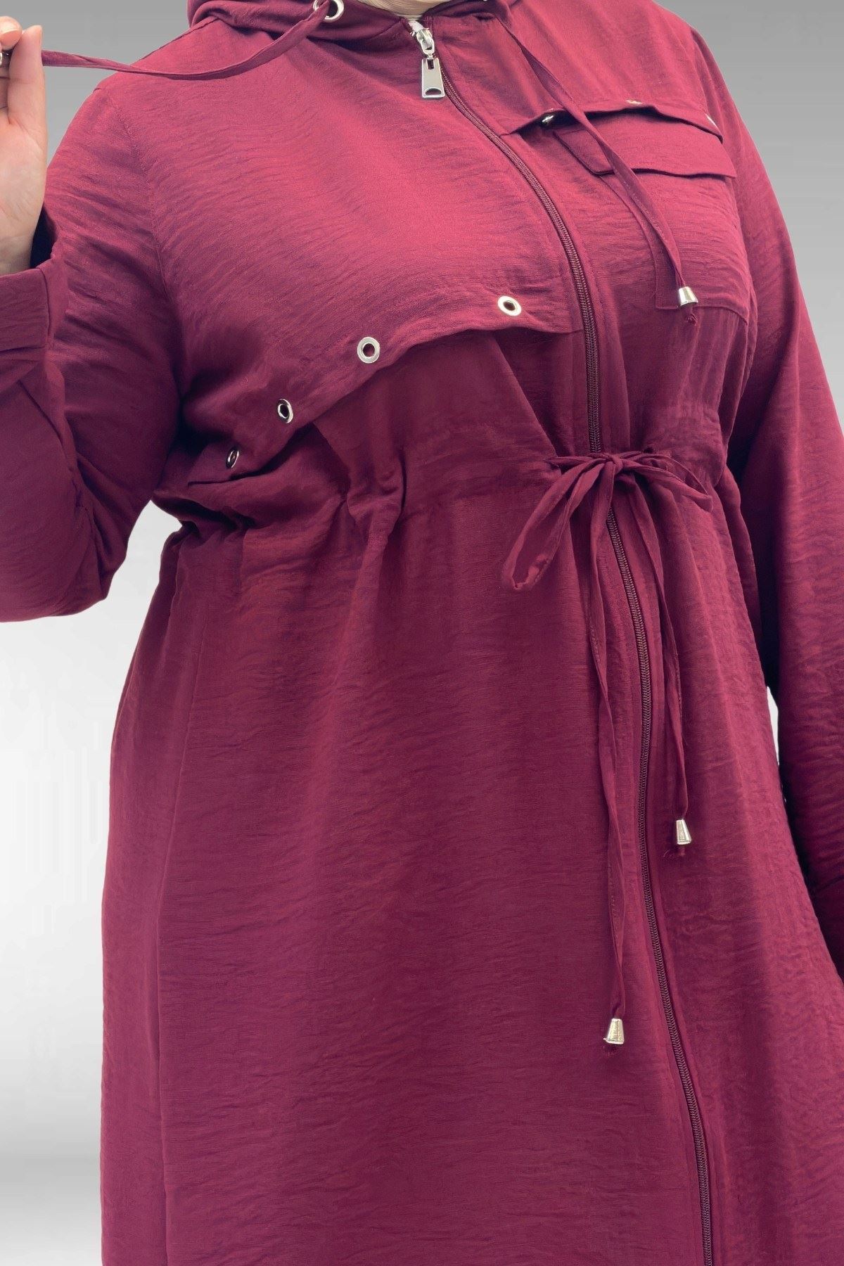 63008 Büyük Beden Kuşgözü Detaylı Keten Kap - Bordo