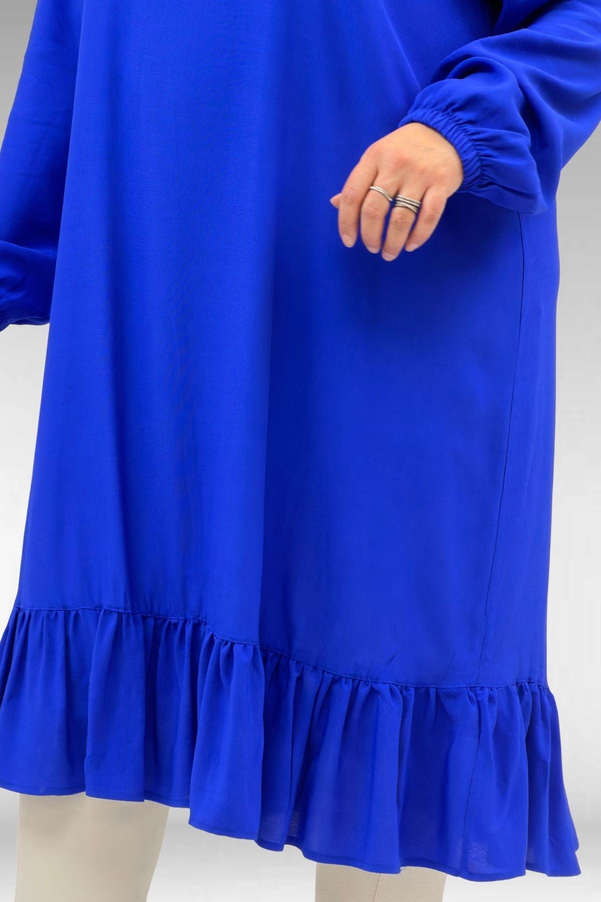 68033 Büyük Beden Eteği Fırfırlı Maroken Tunik - Saks