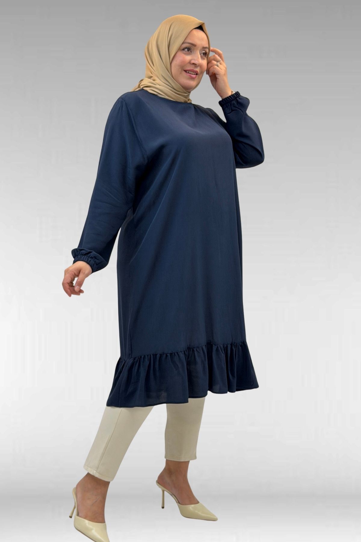 68033 Büyük Beden Eteği Fırfırlı Maroken Tunik - Lacivert