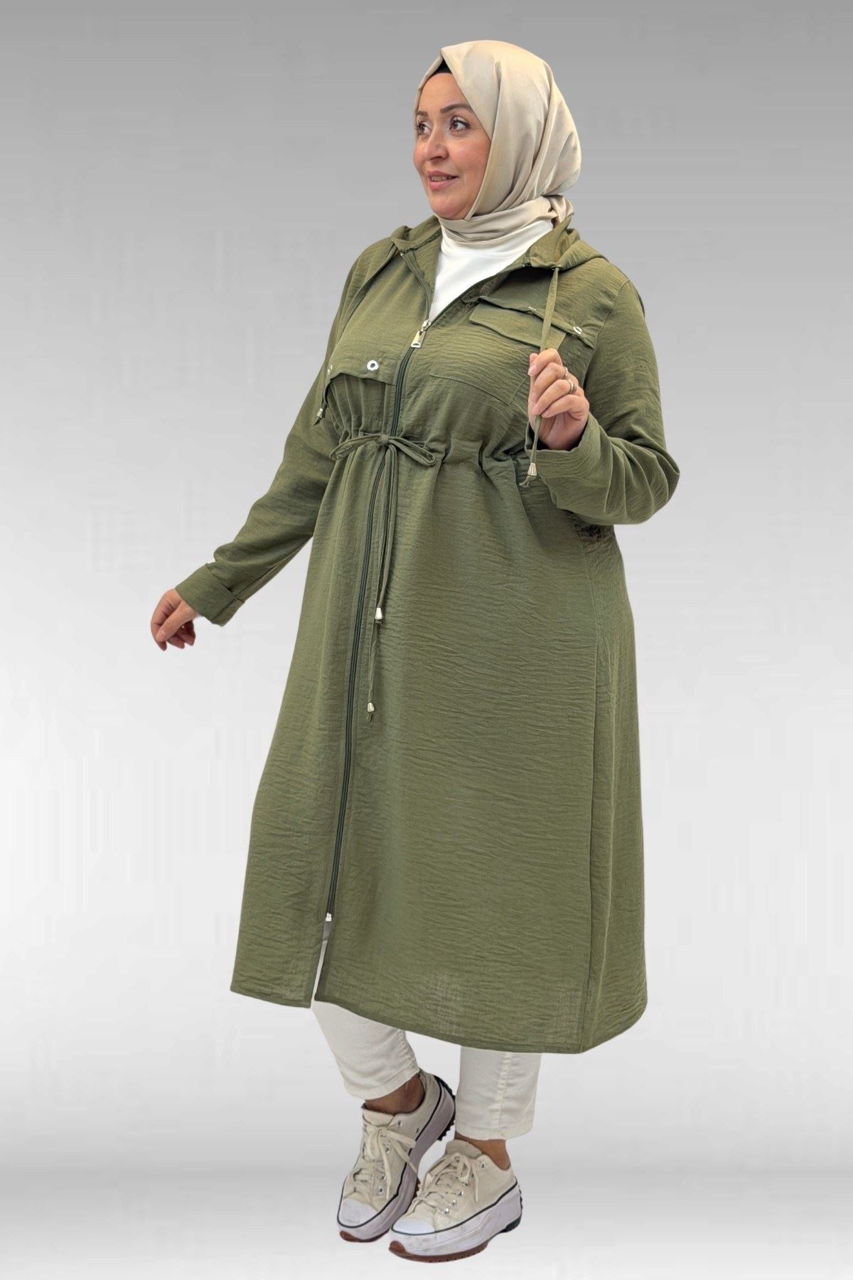 63008 Büyük Beden Kuşgözü Detaylı Keten Kap - Haki