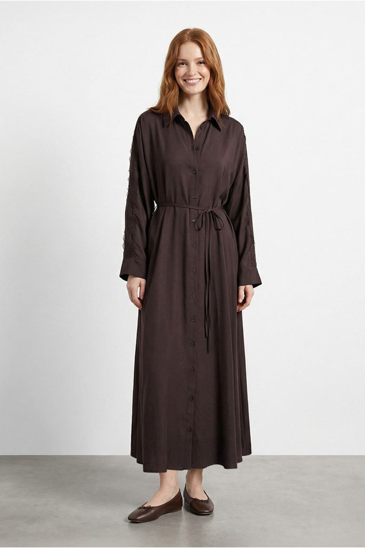 26Y7438 - KAHVE - DANTELLİ ELBİSE