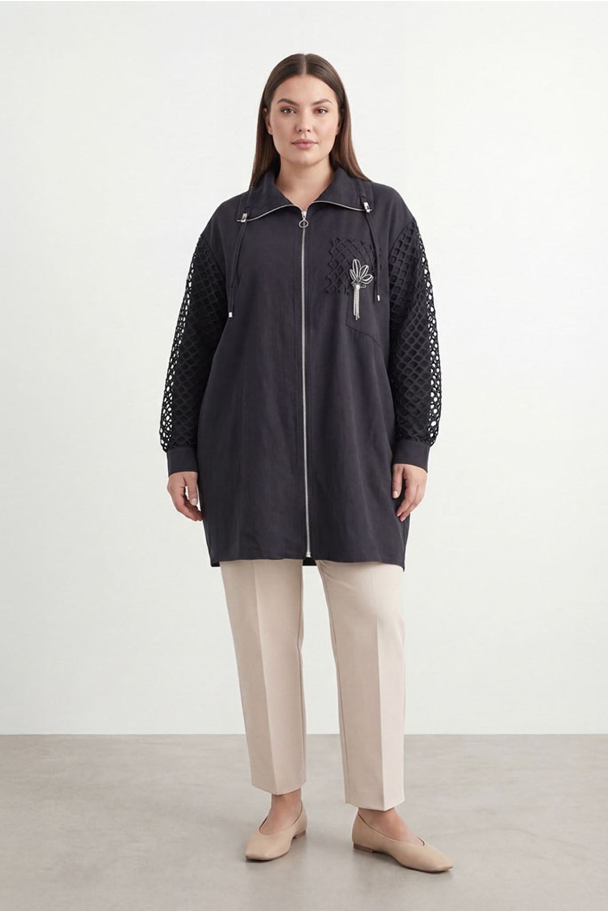 26Y7252 - SİYAH - FİLE DETAY CEKET