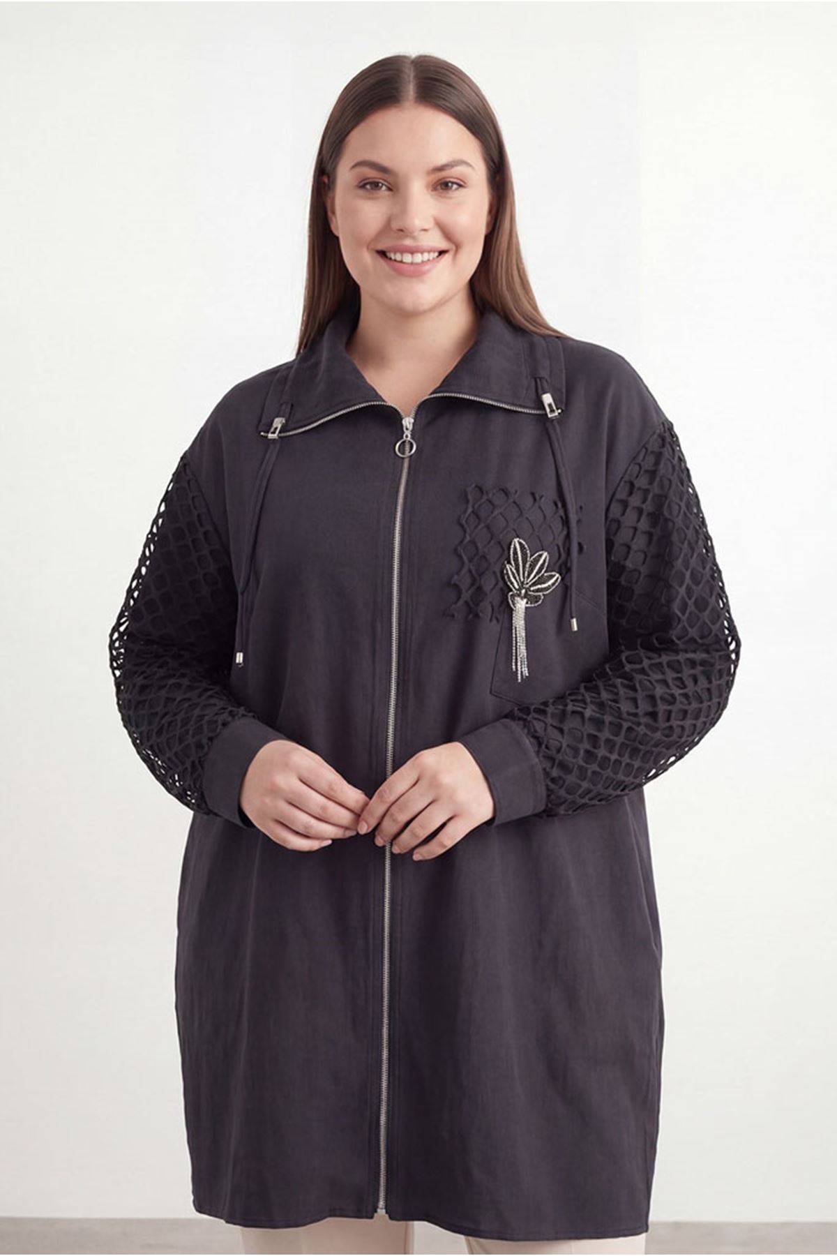 26Y7252 - SİYAH - FİLE DETAY CEKET