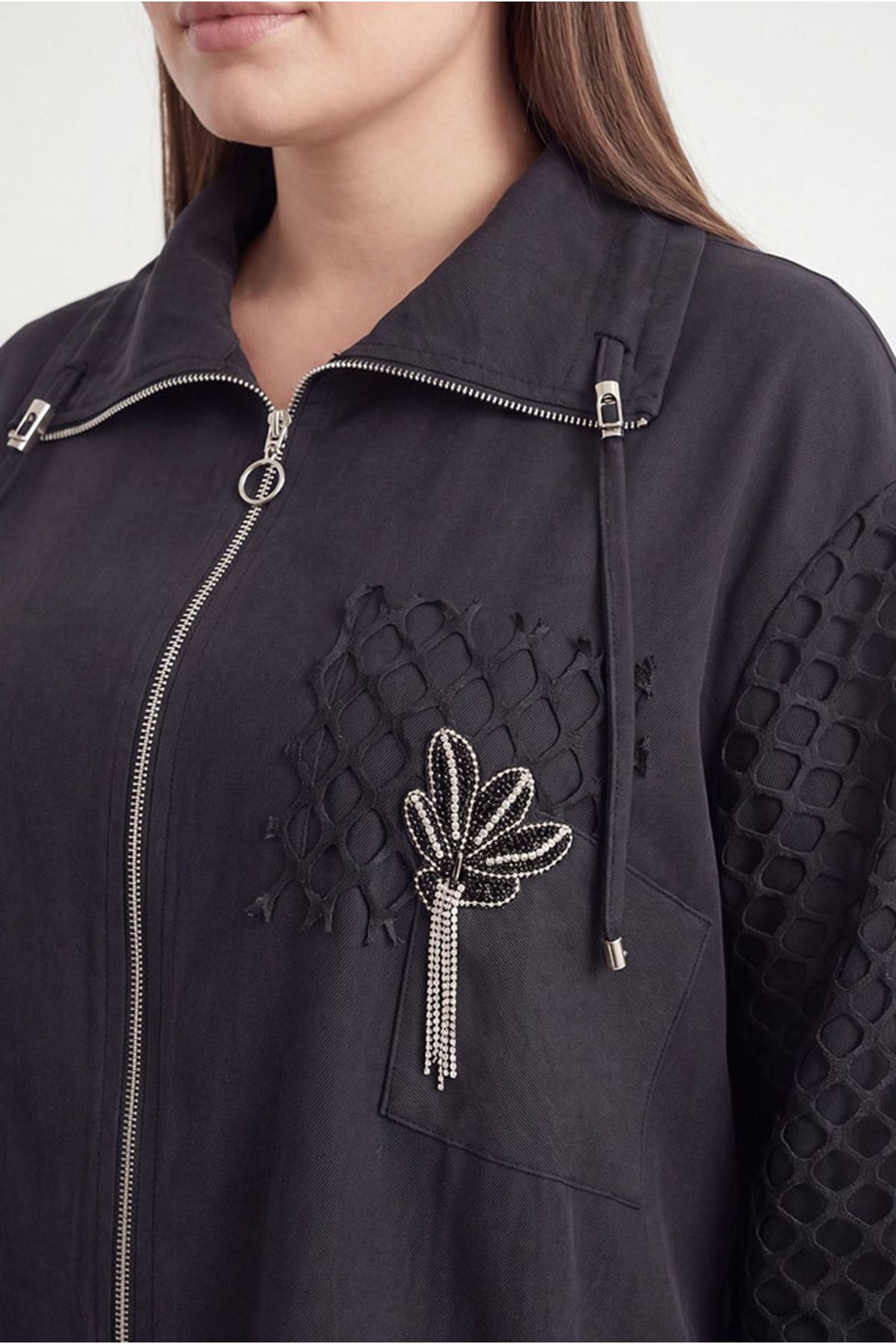 26Y7252 - SİYAH - FİLE DETAY CEKET