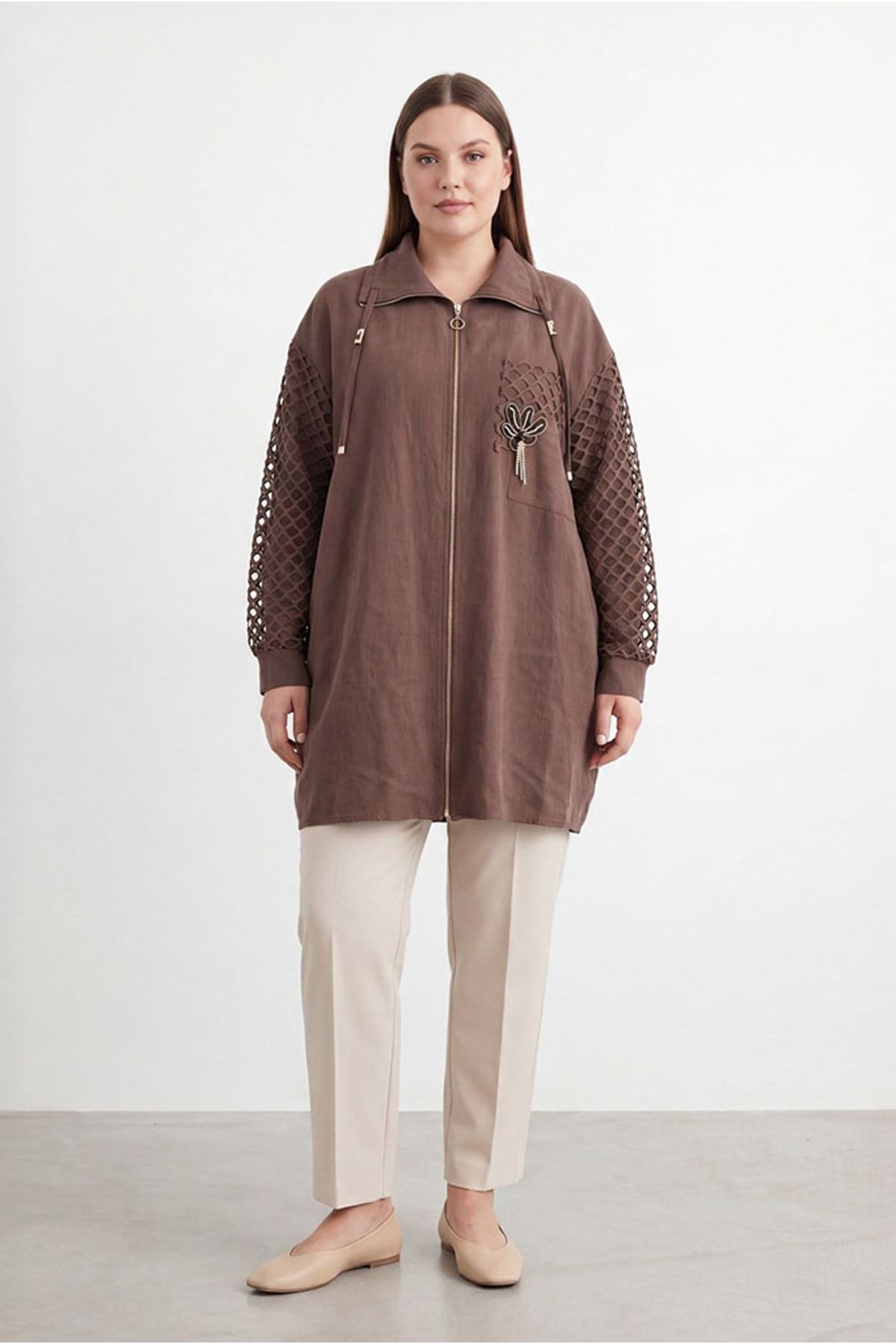 26Y7252 - KAHVE - FİLE DETAY CEKET