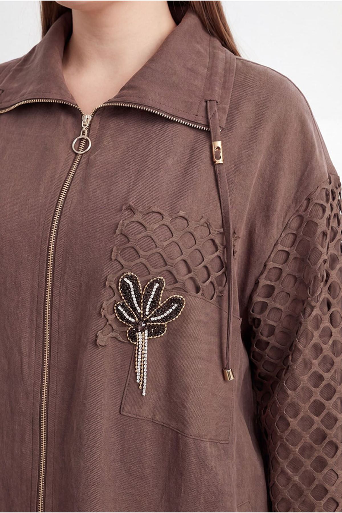 26Y7252 - KAHVE - FİLE DETAY CEKET