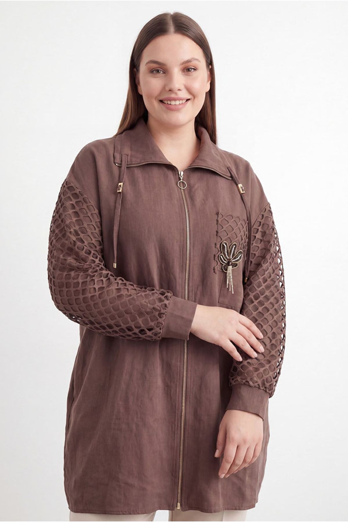 26Y7252 - KAHVE - FİLE DETAY CEKET