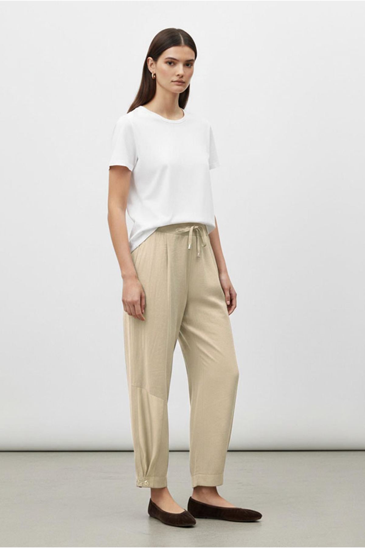 26Y7395 - BEJ - PAÇASI BÜZGÜLÜ TENCEL PANTOLON