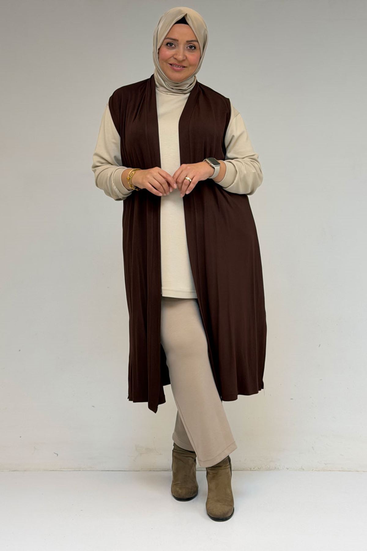 34000 Büyük Beden Penye Giy-Çık Yelek - Kahverengi