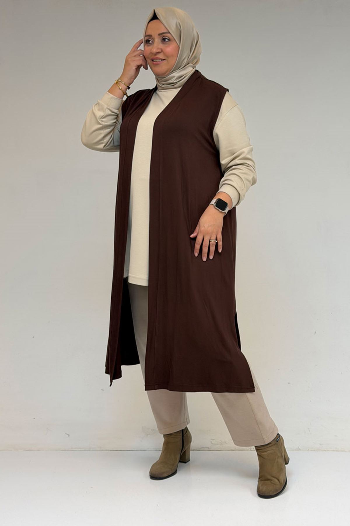 34000 Büyük Beden Penye Giy-Çık Yelek - Kahverengi