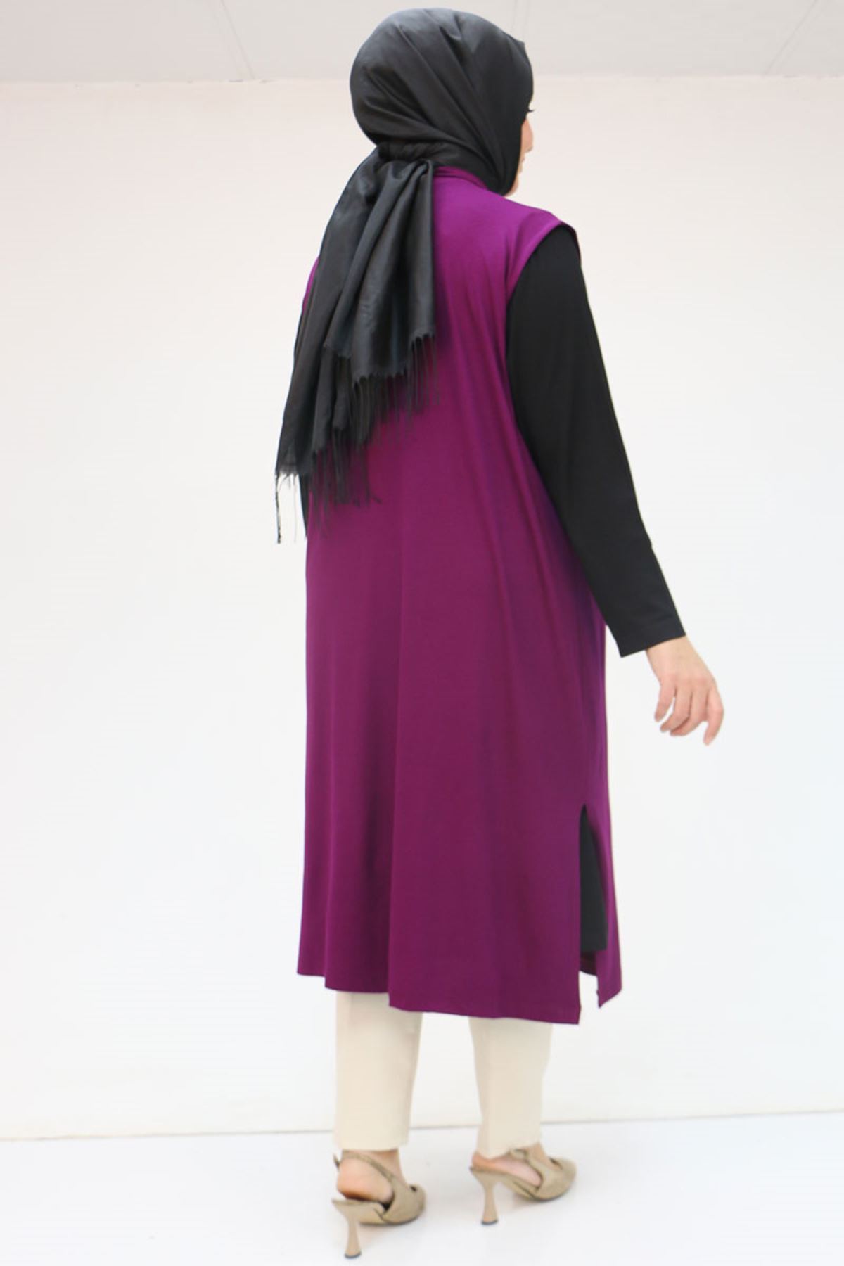 34000 Büyük Beden Penye Giy-Çık Yelek -  Mürdüm