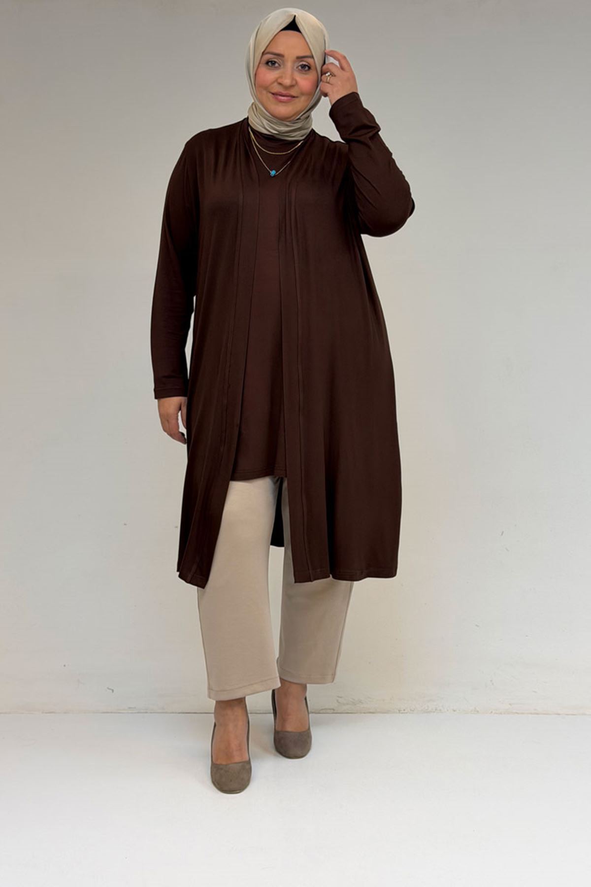 43008 Büyük Beden Penye Ceket - Kahve