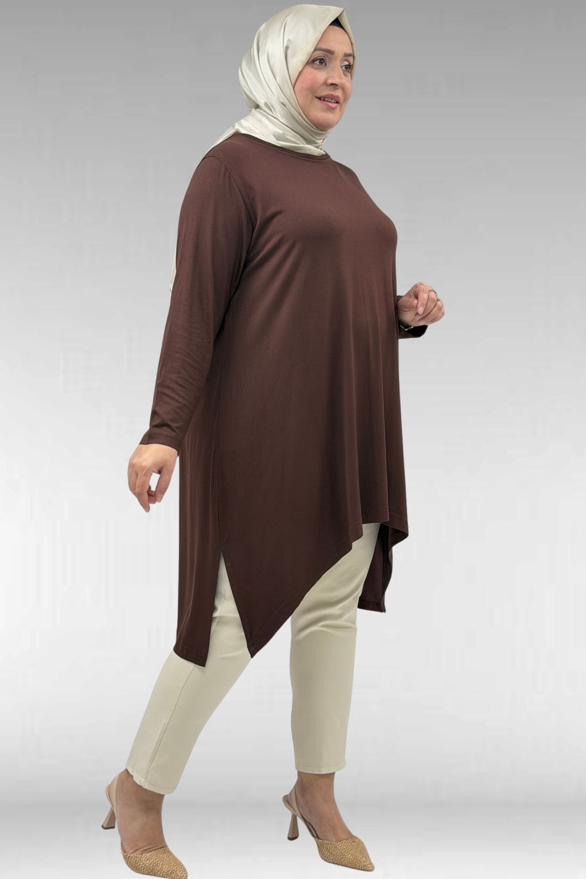 58070 Büyük Beden Asimetrik Kesim Penye Tunik - Kahve