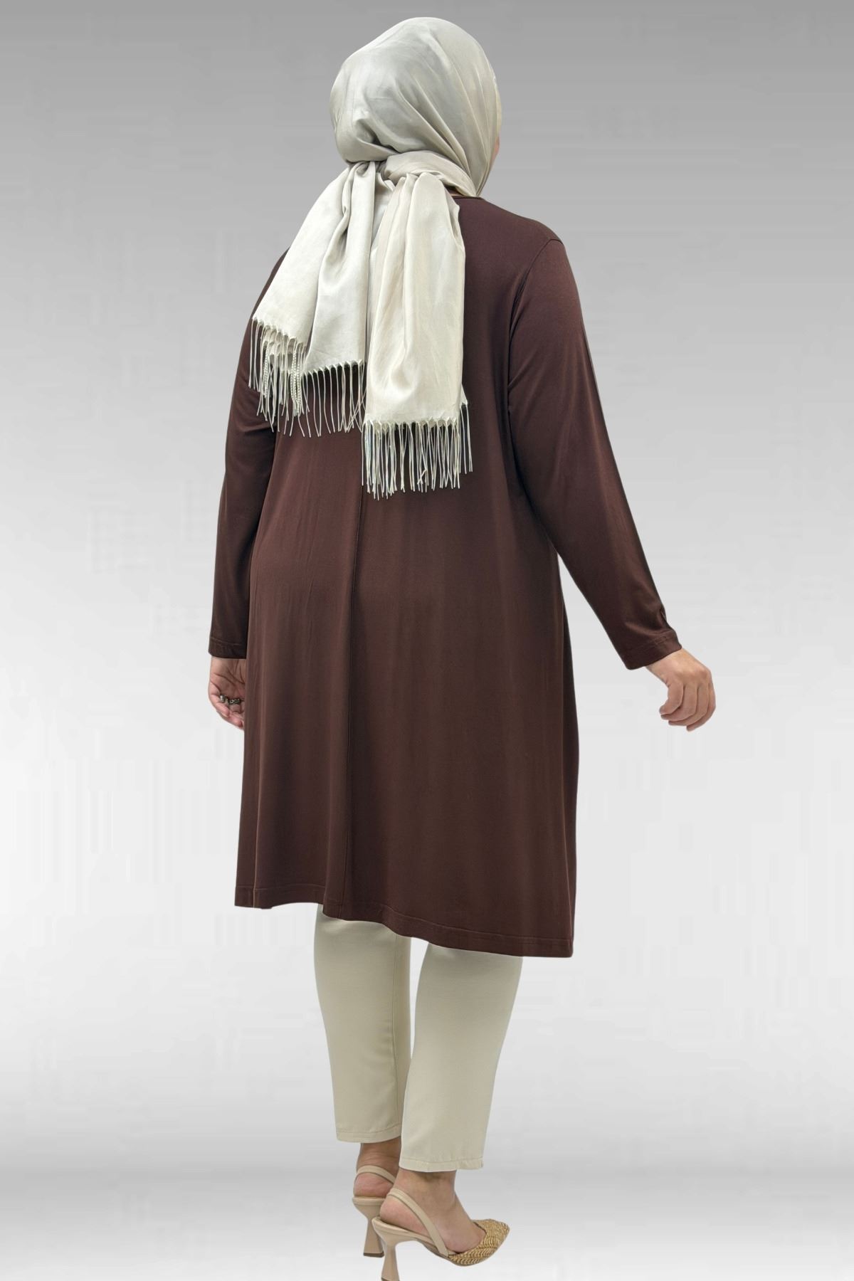 58070 Büyük Beden Asimetrik Kesim Penye Tunik - Kahve