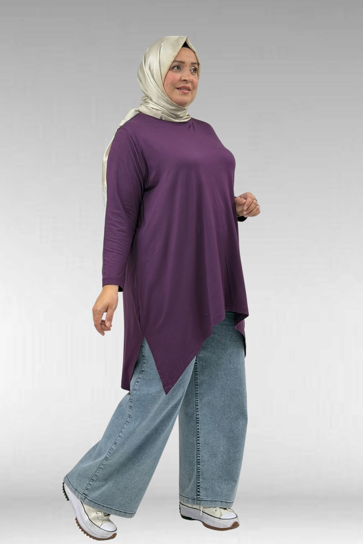 58070 Büyük Beden Asimetrik Kesim Penye Tunik - Mürdüm