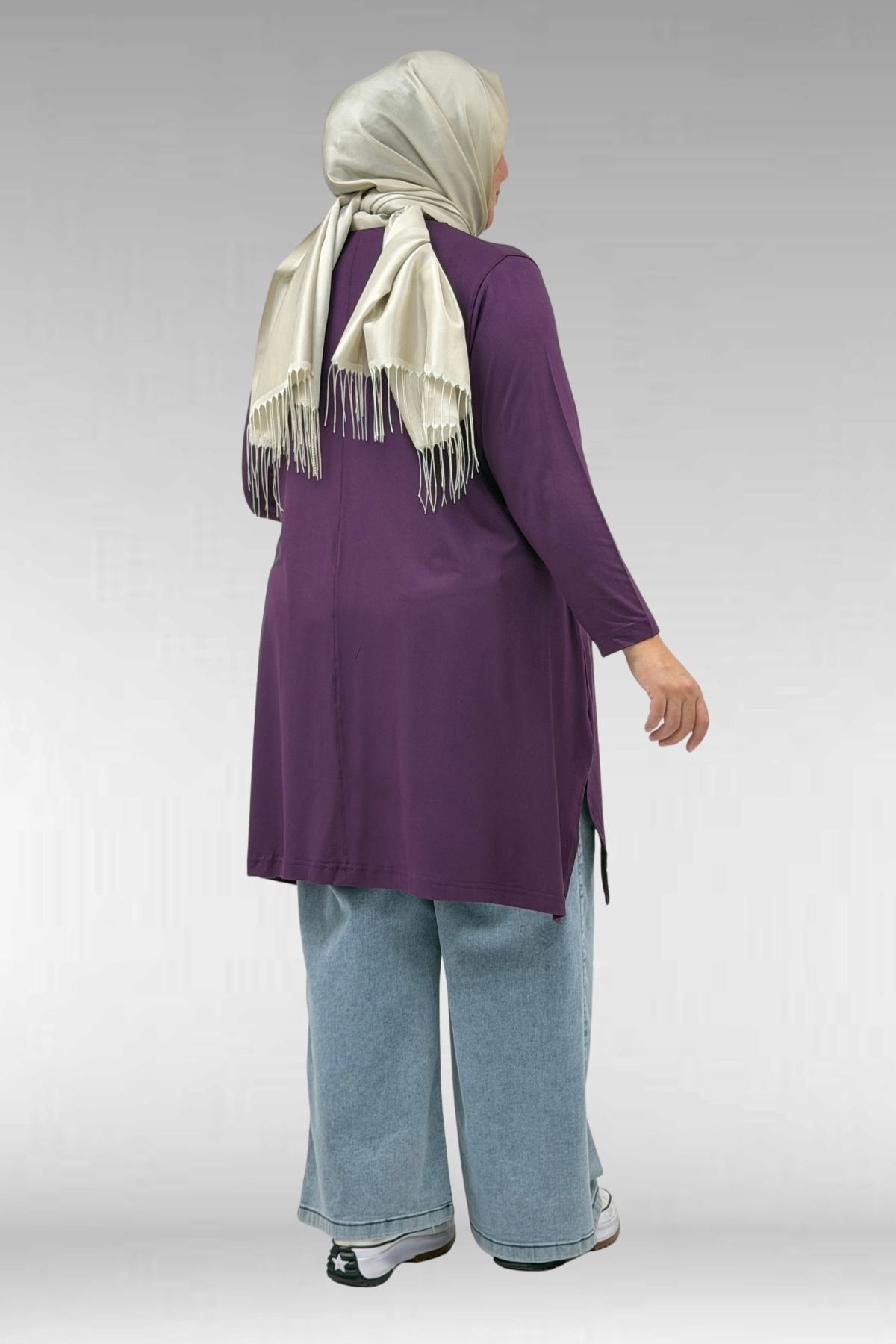 58070 Büyük Beden Asimetrik Kesim Penye Tunik - Mürdüm