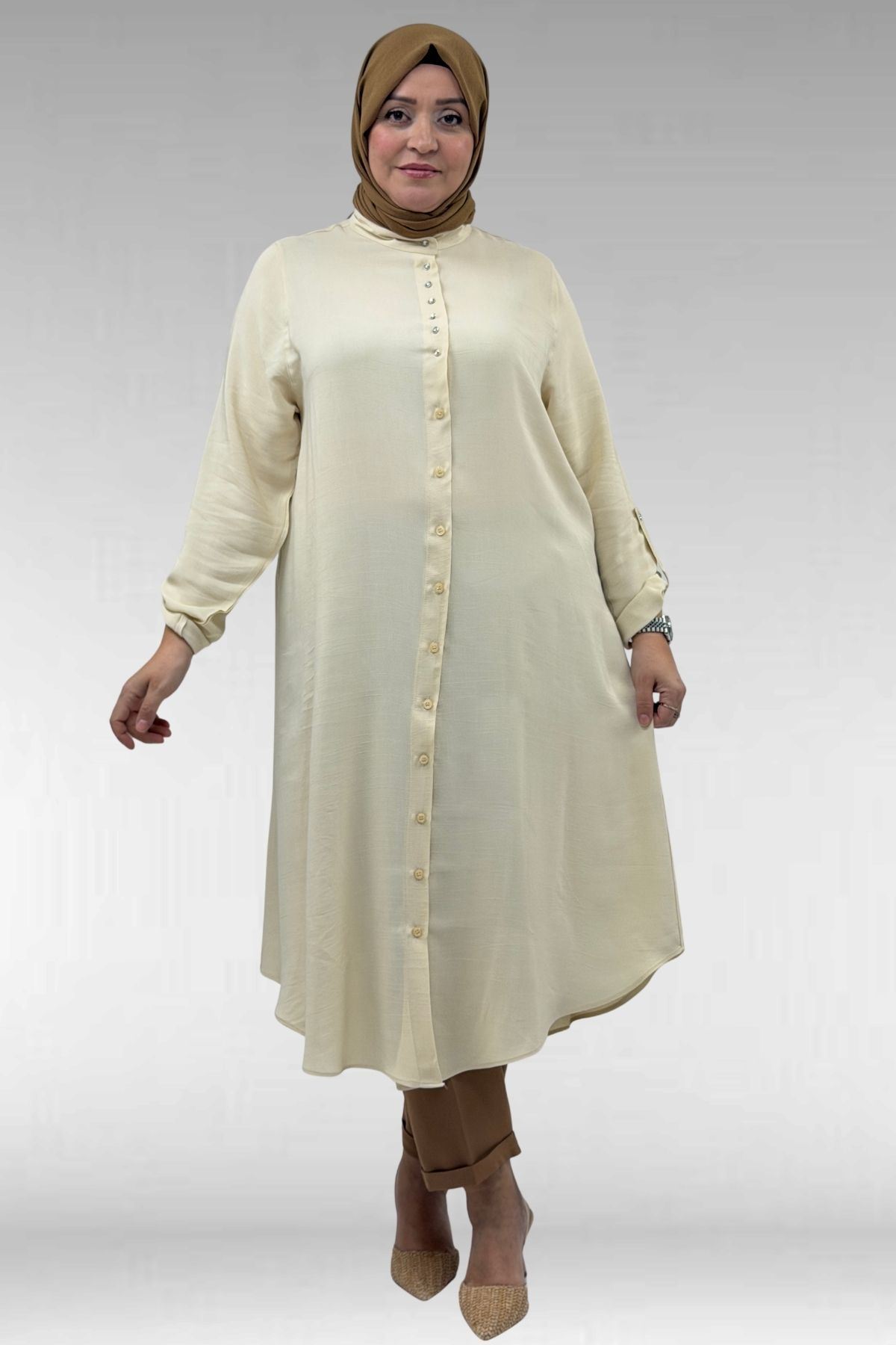 68039 Büyük Beden Hakim Yaka Maroken Gömlek - Bej