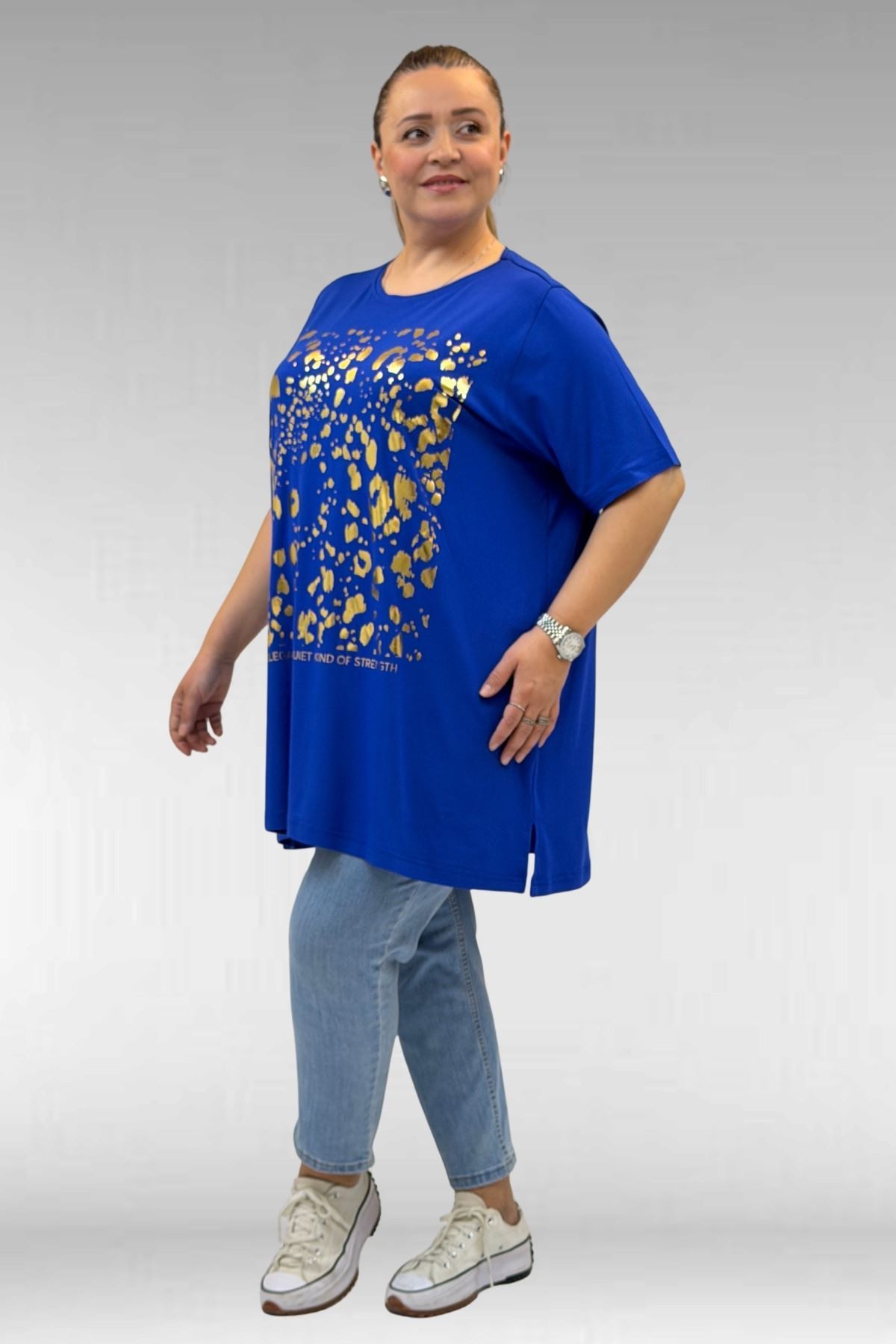 68502 Büyük Beden  Yakası Biyeli Önü Baskılı Penye Tişört - Saks