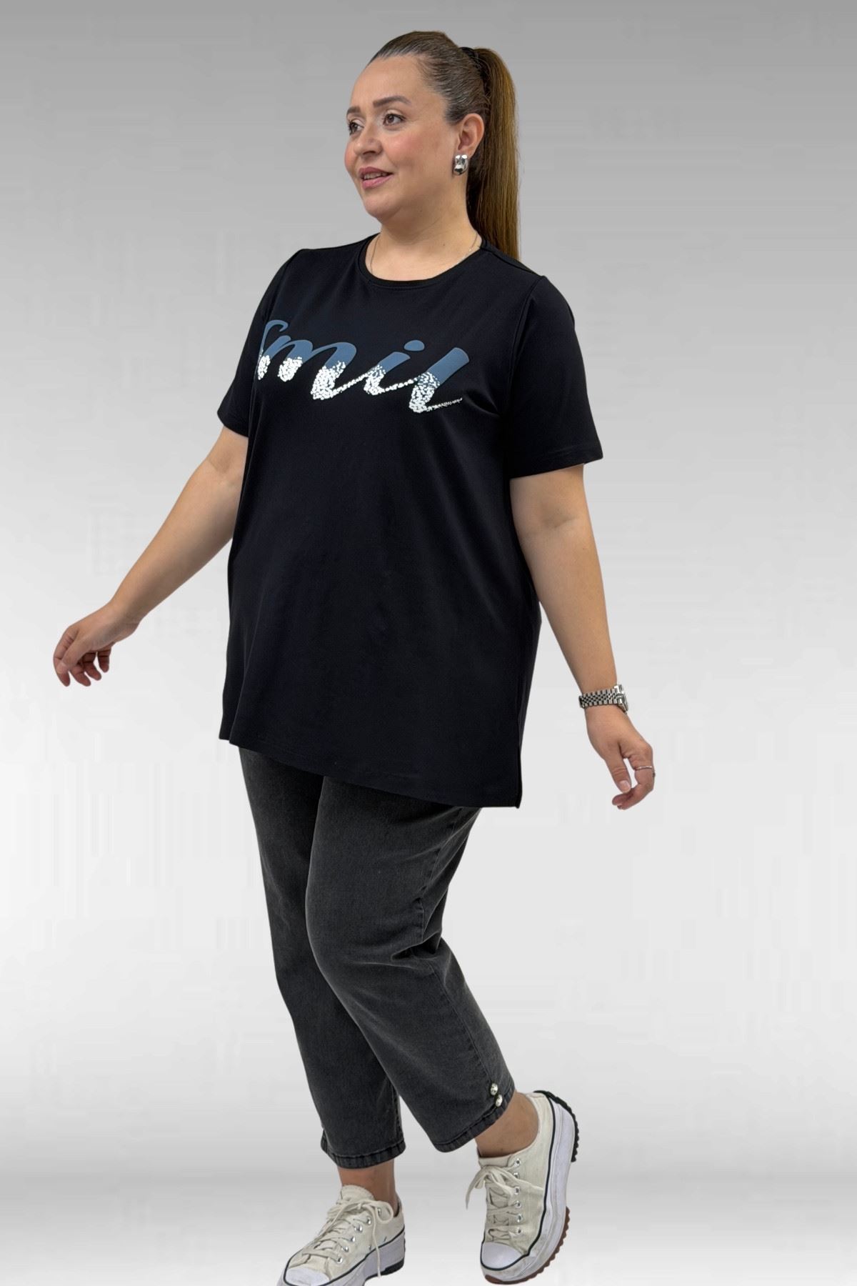 68503 Büyük Beden Yakası Biyeli Baskılı Penye Tişört - Siyah