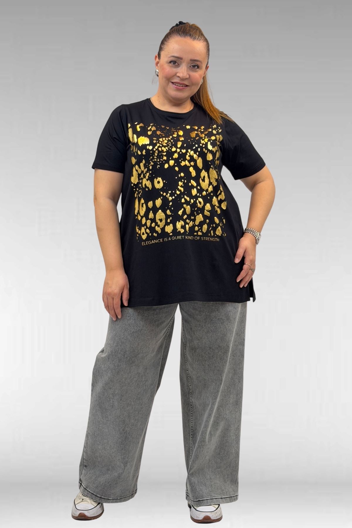 68502 Büyük Beden  Yakası Biyeli Önü Baskılı Penye Tişört - Siyah