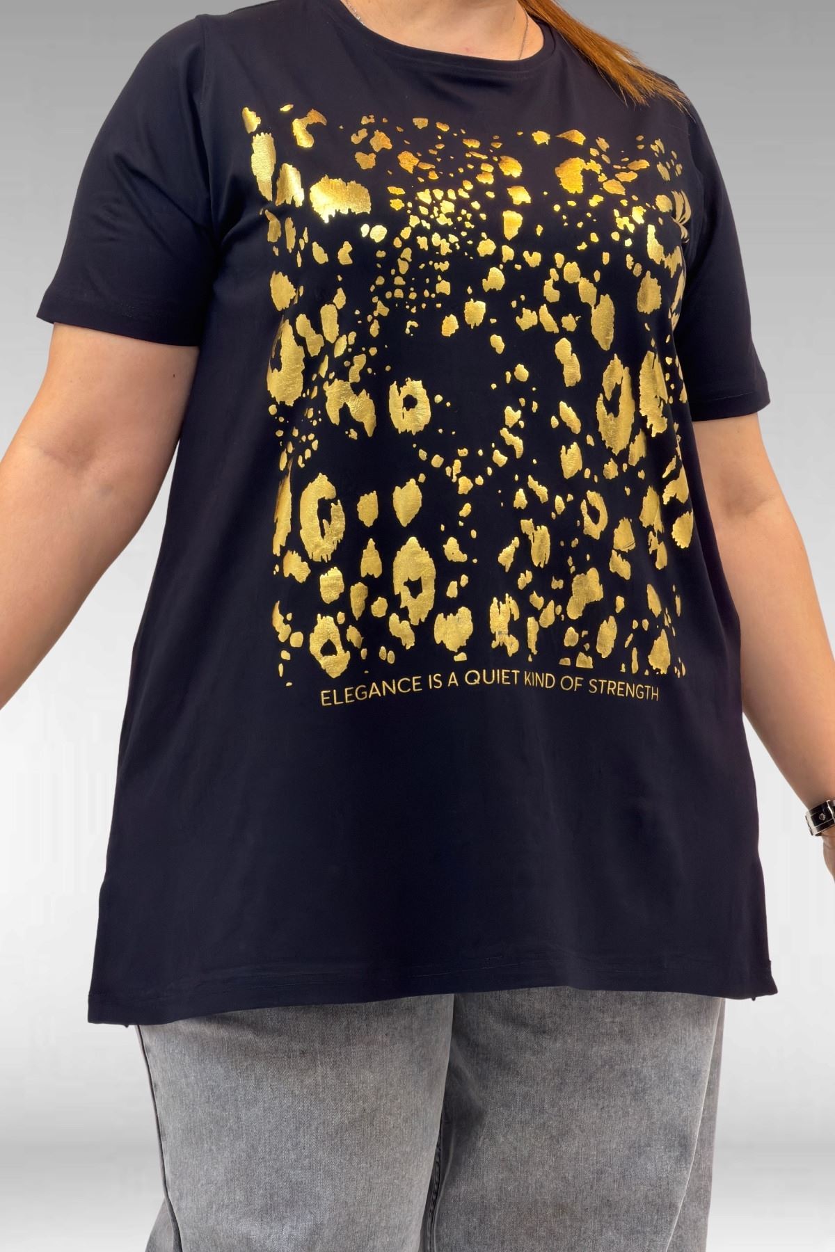 68502 Büyük Beden  Yakası Biyeli Önü Baskılı Penye Tişört - Siyah