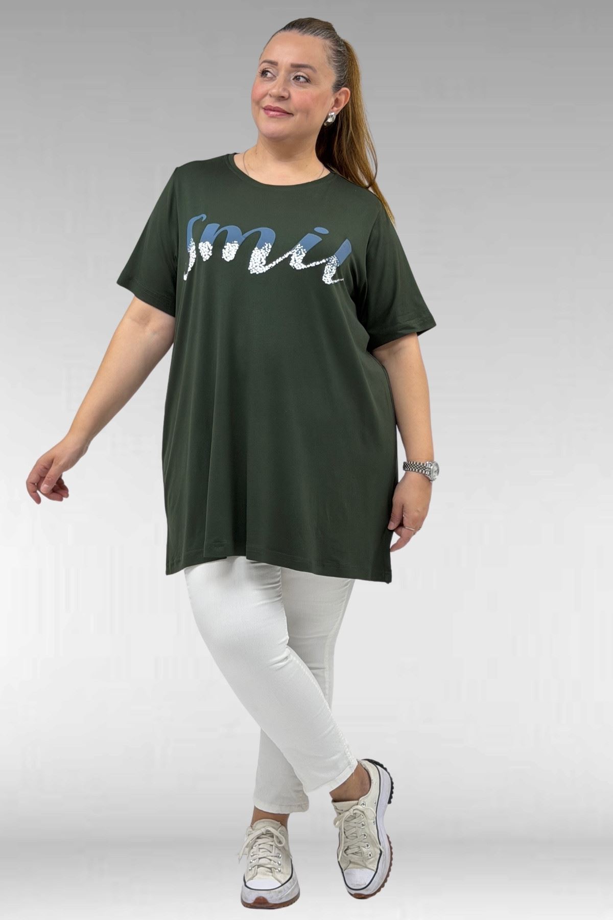 68503 Büyük Beden Yakası Biyeli Baskılı Penye Tişört - Haki