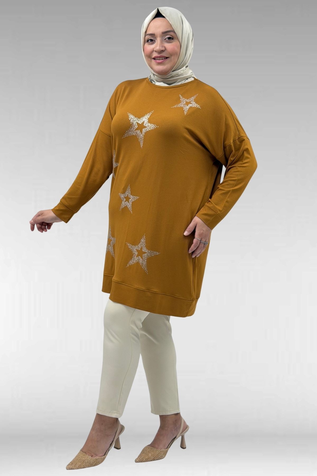 68027 Büyük Beden Yıldız Taş Baskılı Penye Tunik - Hardal