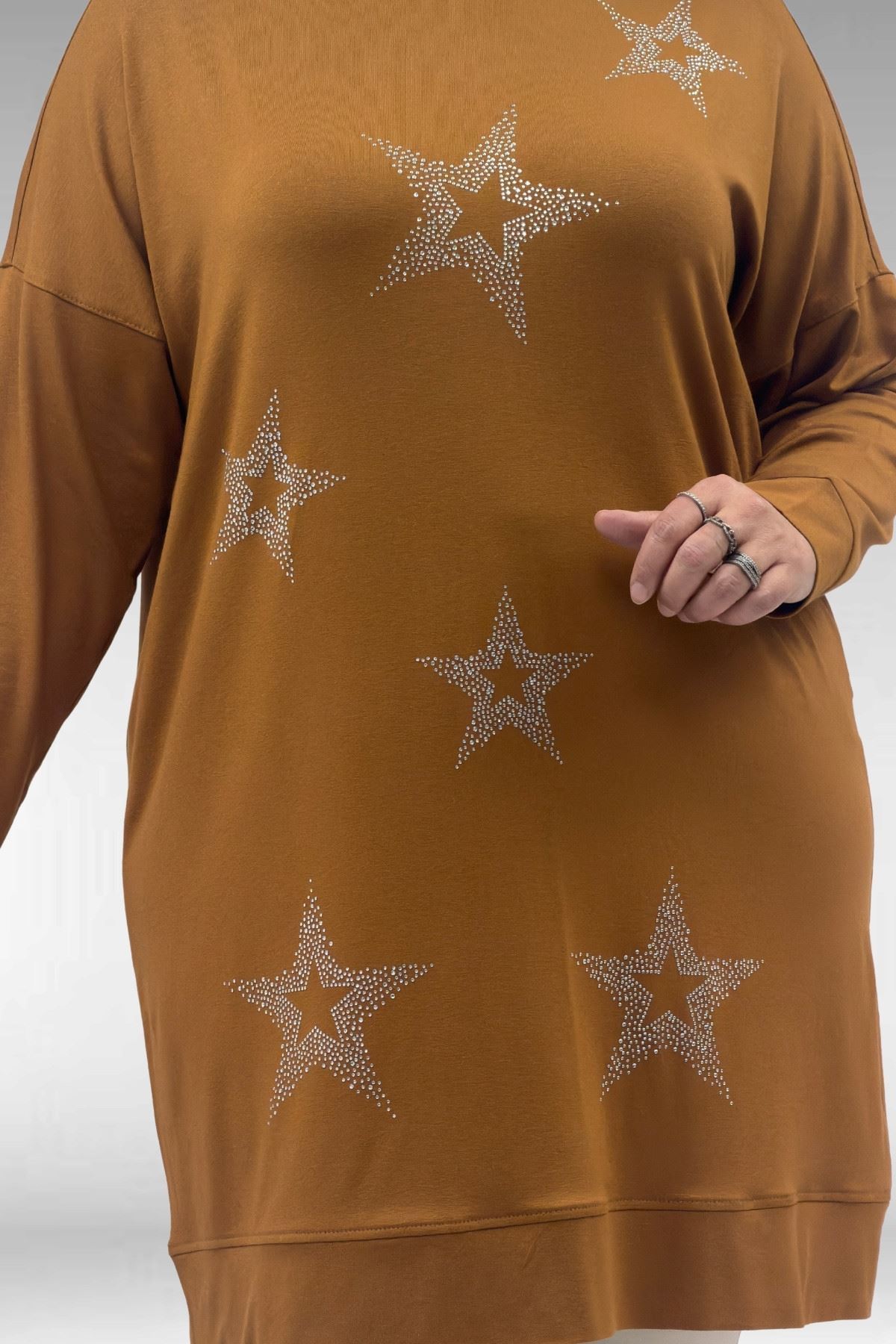 68027 Büyük Beden Yıldız Taş Baskılı Penye Tunik - Hardal