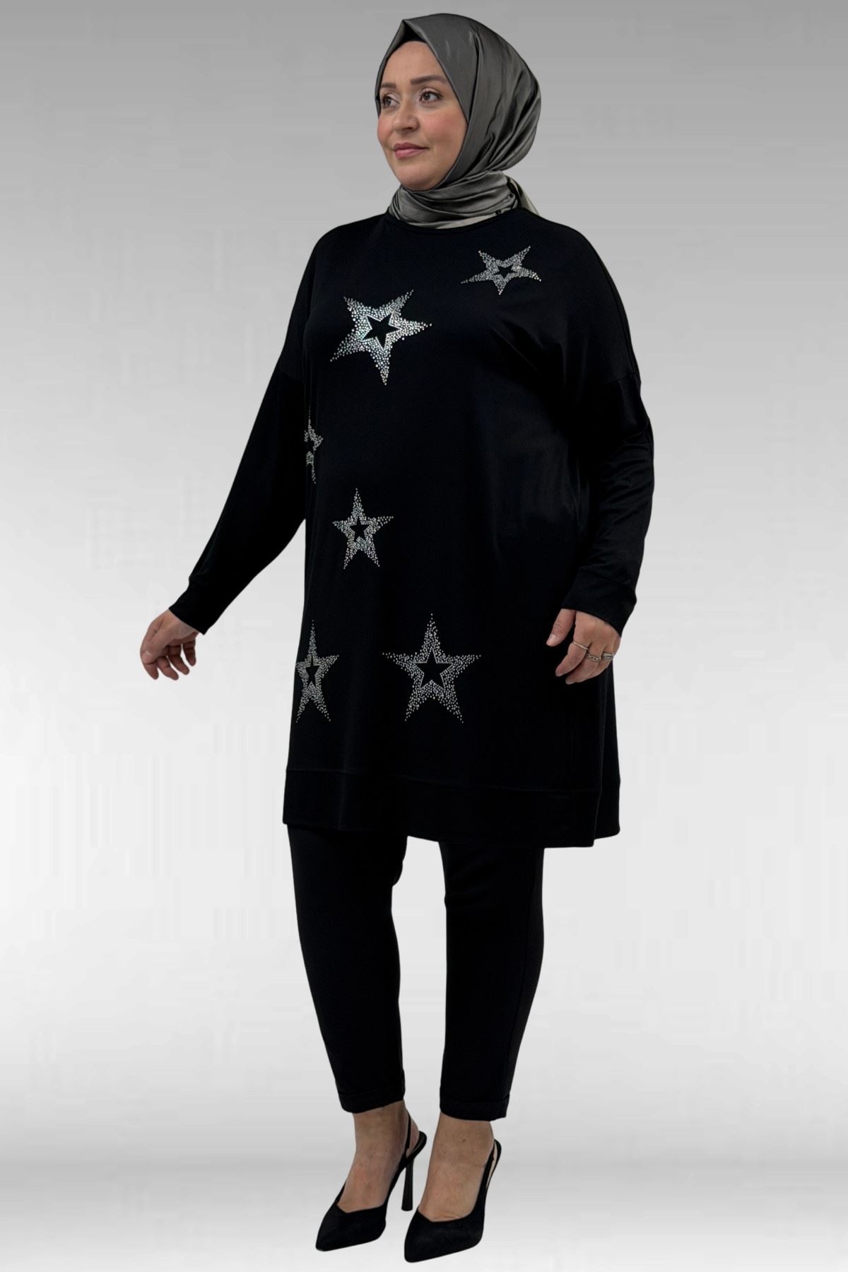 68027 Büyük Beden Yıldız Taş Baskılı Penye Tunik - Siyah