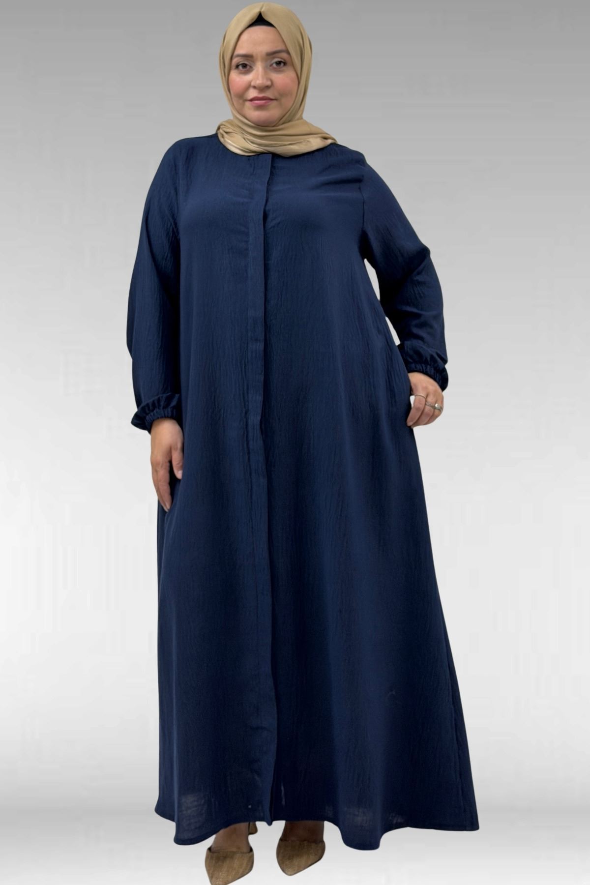 66005 Büyük Beden Patlı Pat Üzerinde Taş Detaylı Ferace - Lacivert