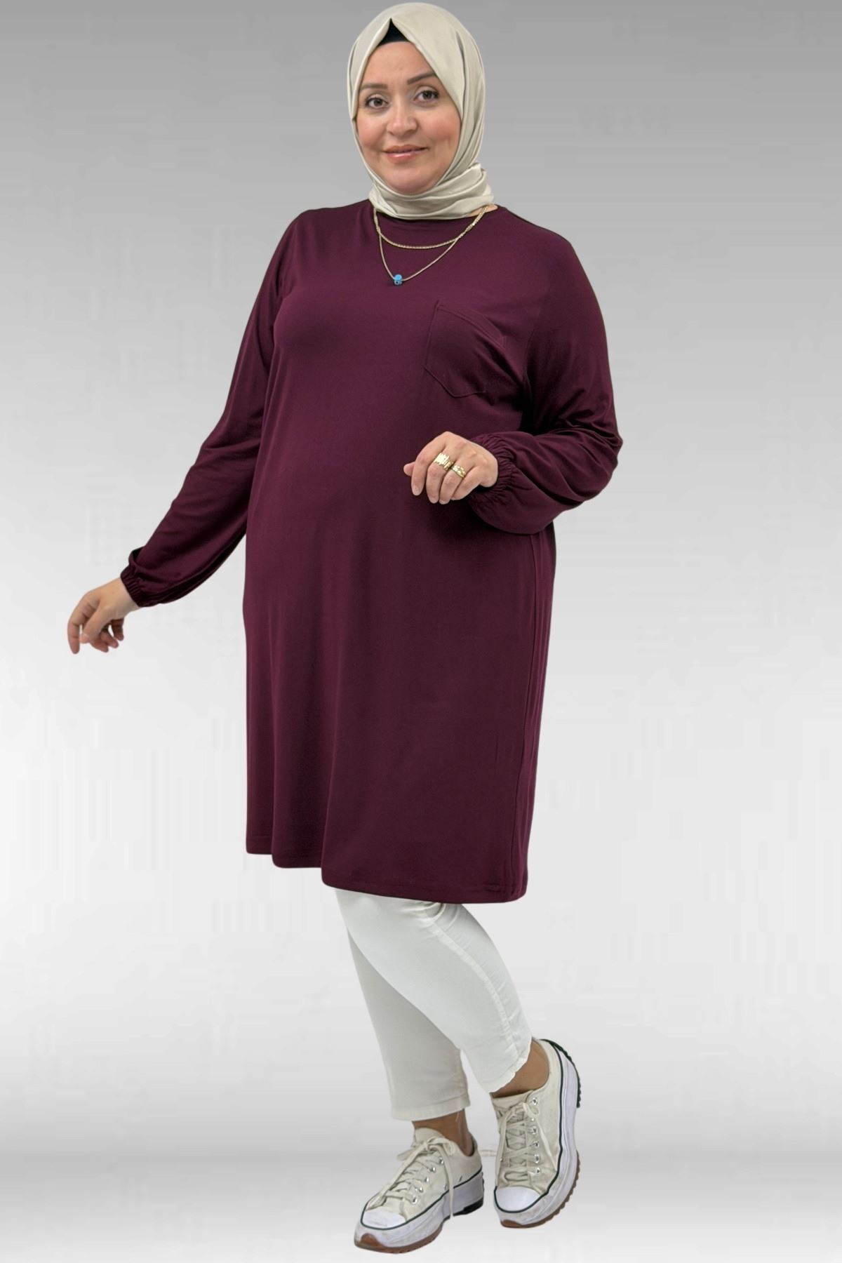 38014 Büyük Beden  Basic Penye Tunik - Bordo