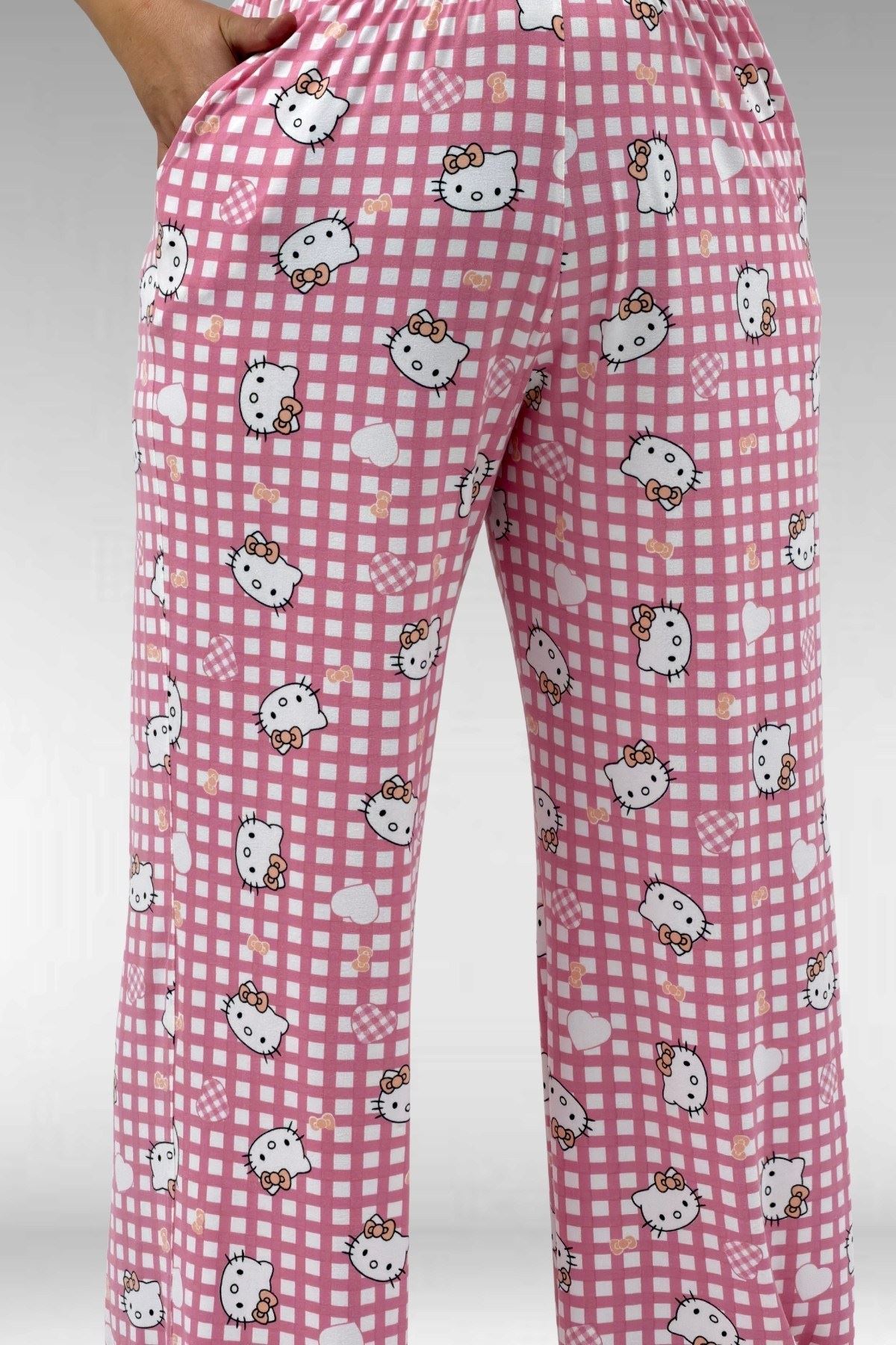 67801 Büyük Beden Kısakol Desenli  Pijama Takımı - Kedi Desenli