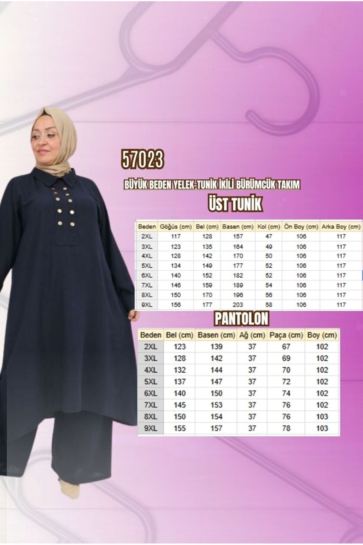 57023 Büyük Beden Pat Üzerinde Çakma Çıtçıtlı Pantolonlu Takım - Lacivert