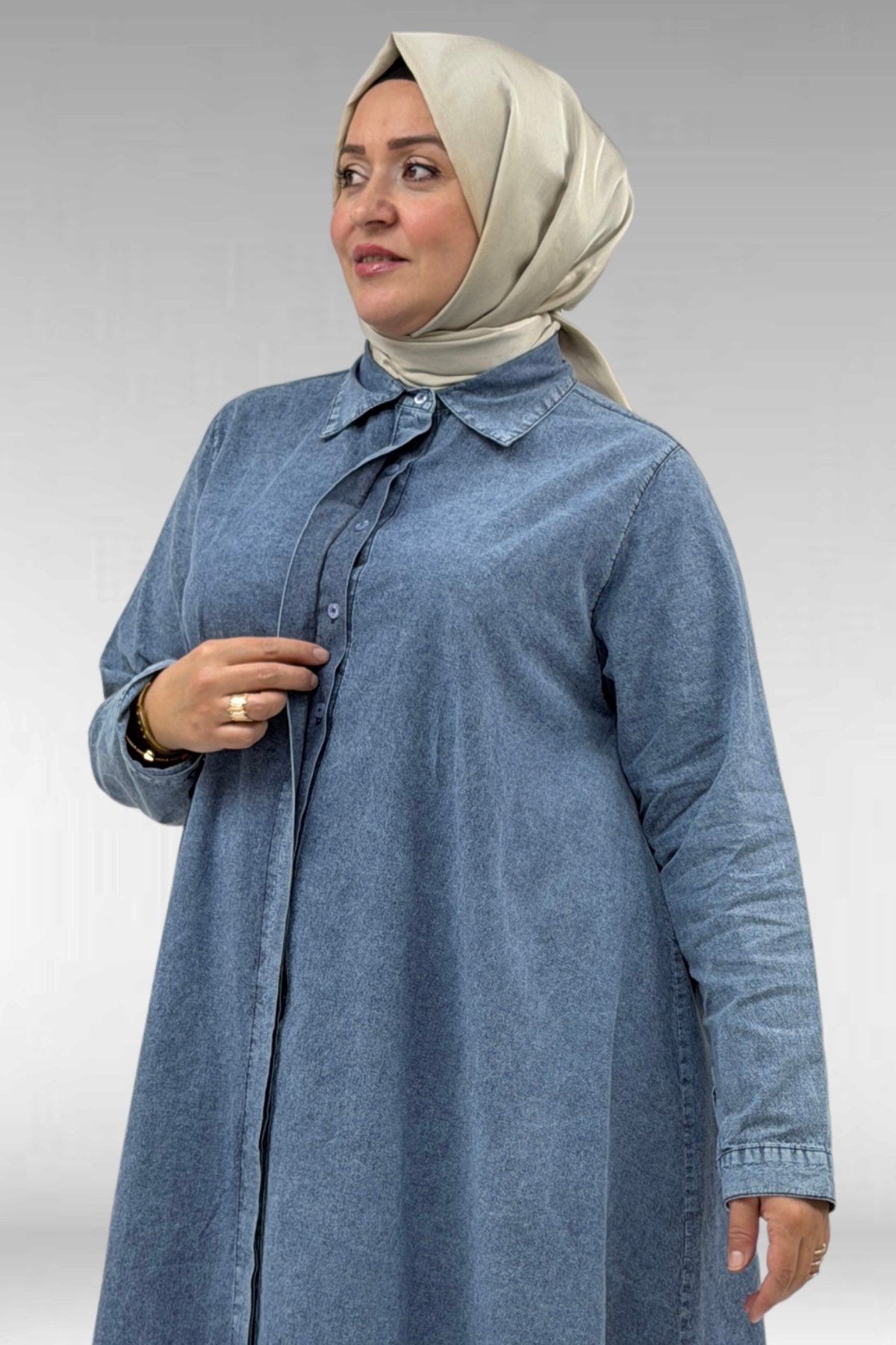 68023 Büyük Beden Mevlana Kesim Tensel Kot Gömlek -  Kar Yıkama Mavi
